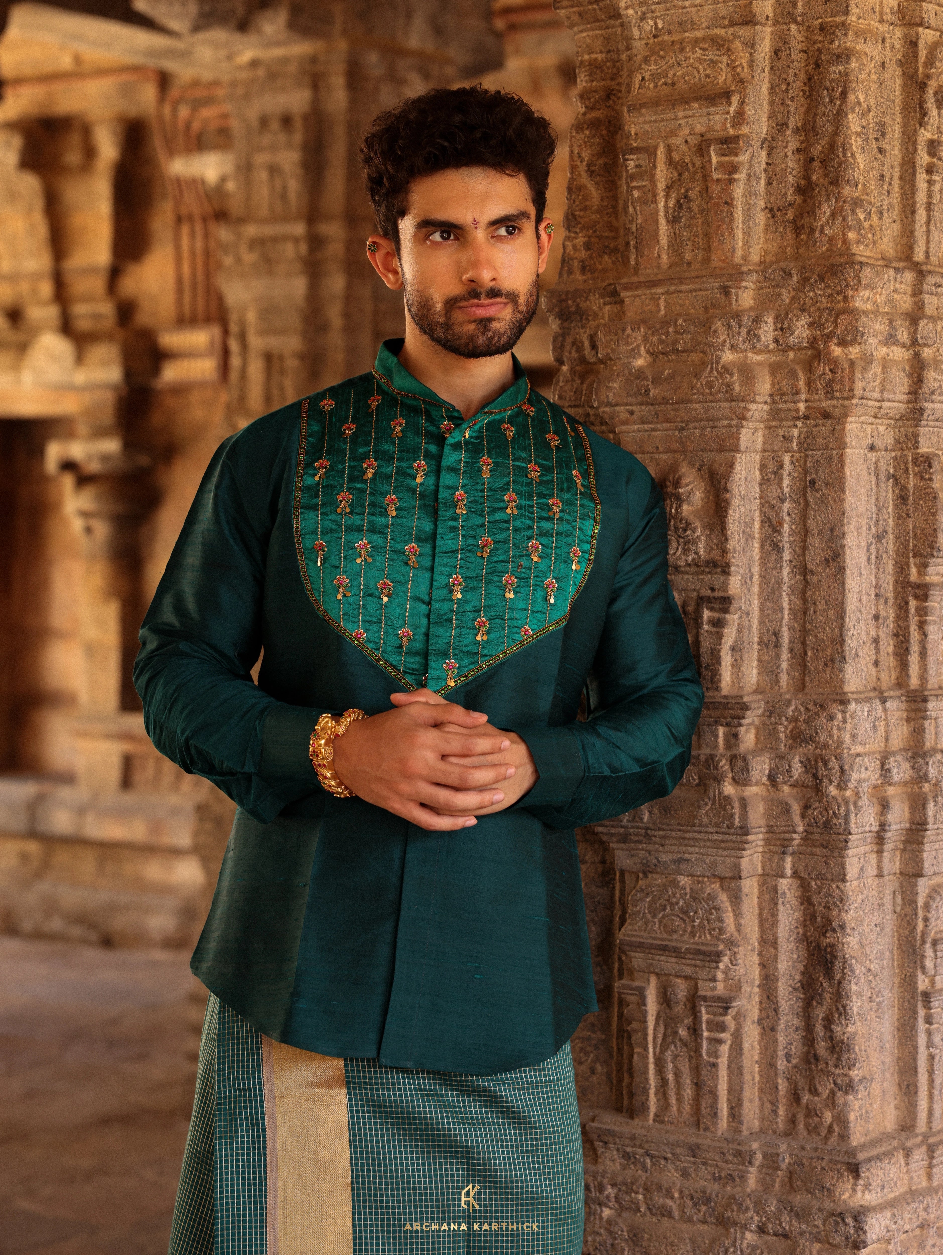 "G ARUNDALE" - Teal, Green & Gold Raw Silk Shirt & Veshti Set for Men