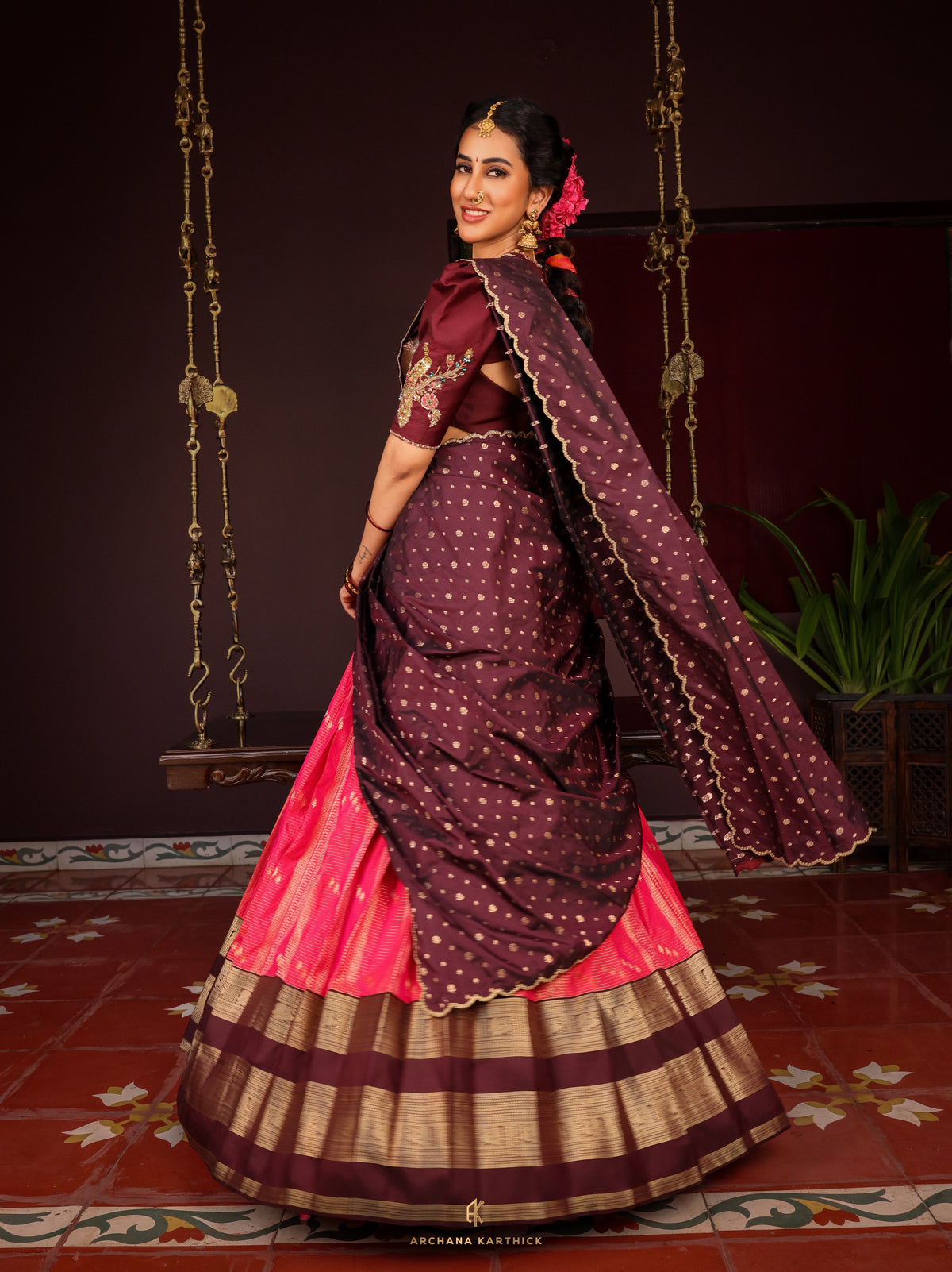 "Arali" - Pink & Brown Silk Half Saree