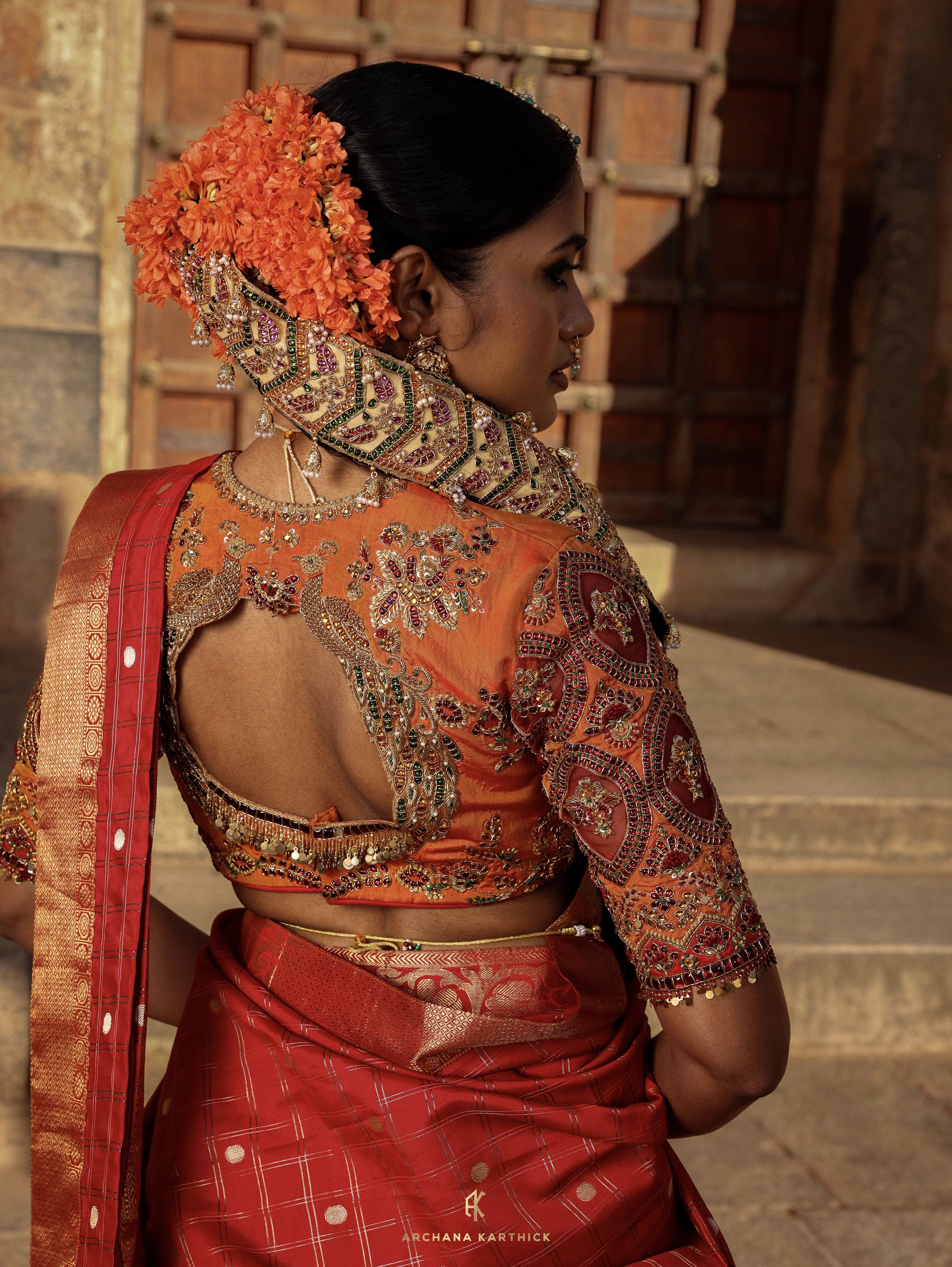 "Sembiyan Mahadevi" - Red, Mustard & Gold Kanjeevaram Silk Half Saree