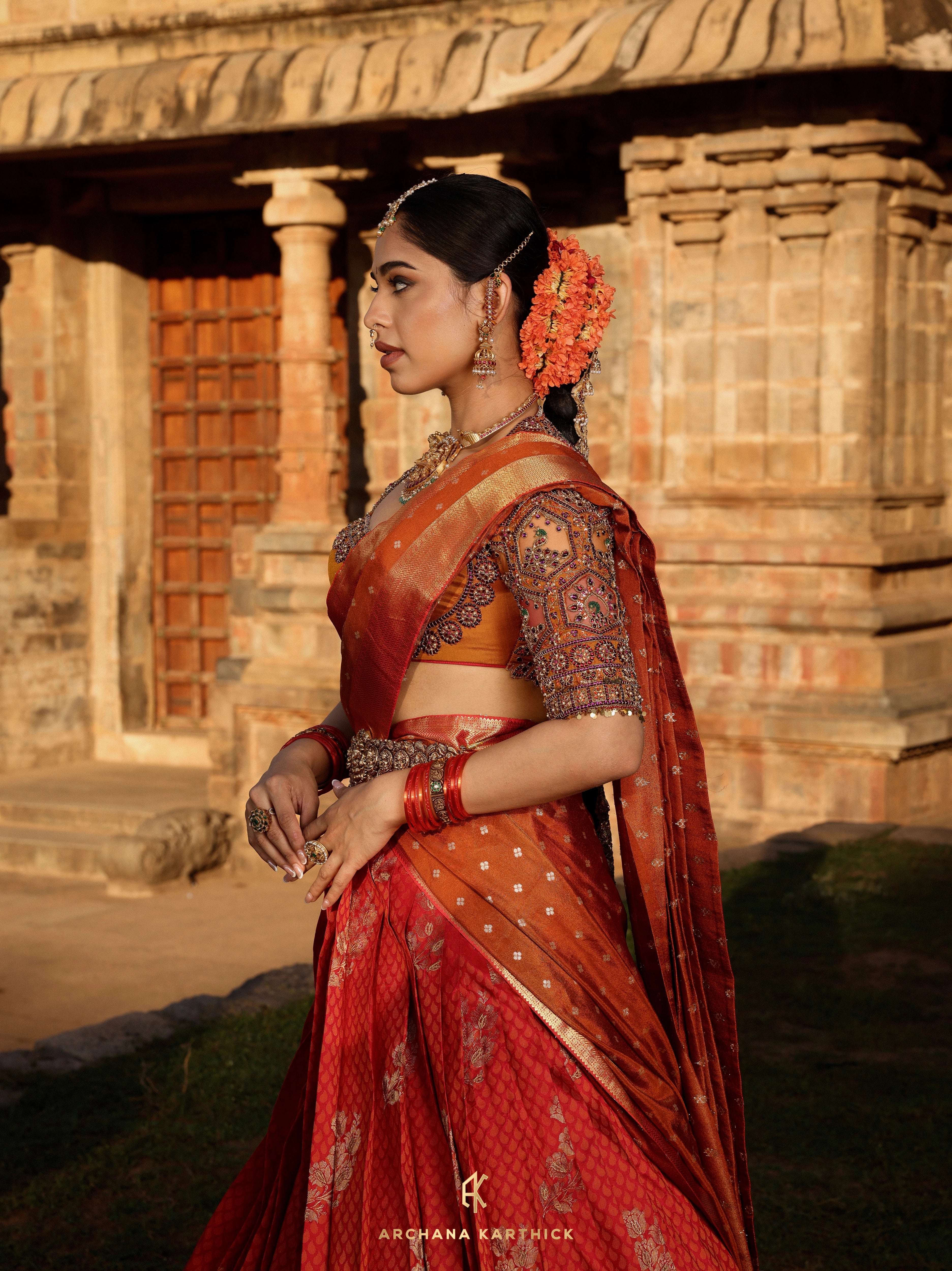 "Mangammal" - Red, Mustard & Orange Kanjeevaram Silk Half Saree
