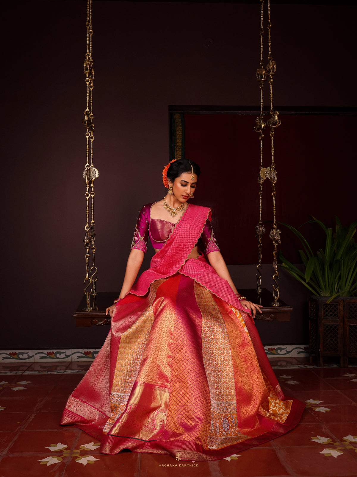 "Jaathimalli" - Pink & Orange Silk Half Saree