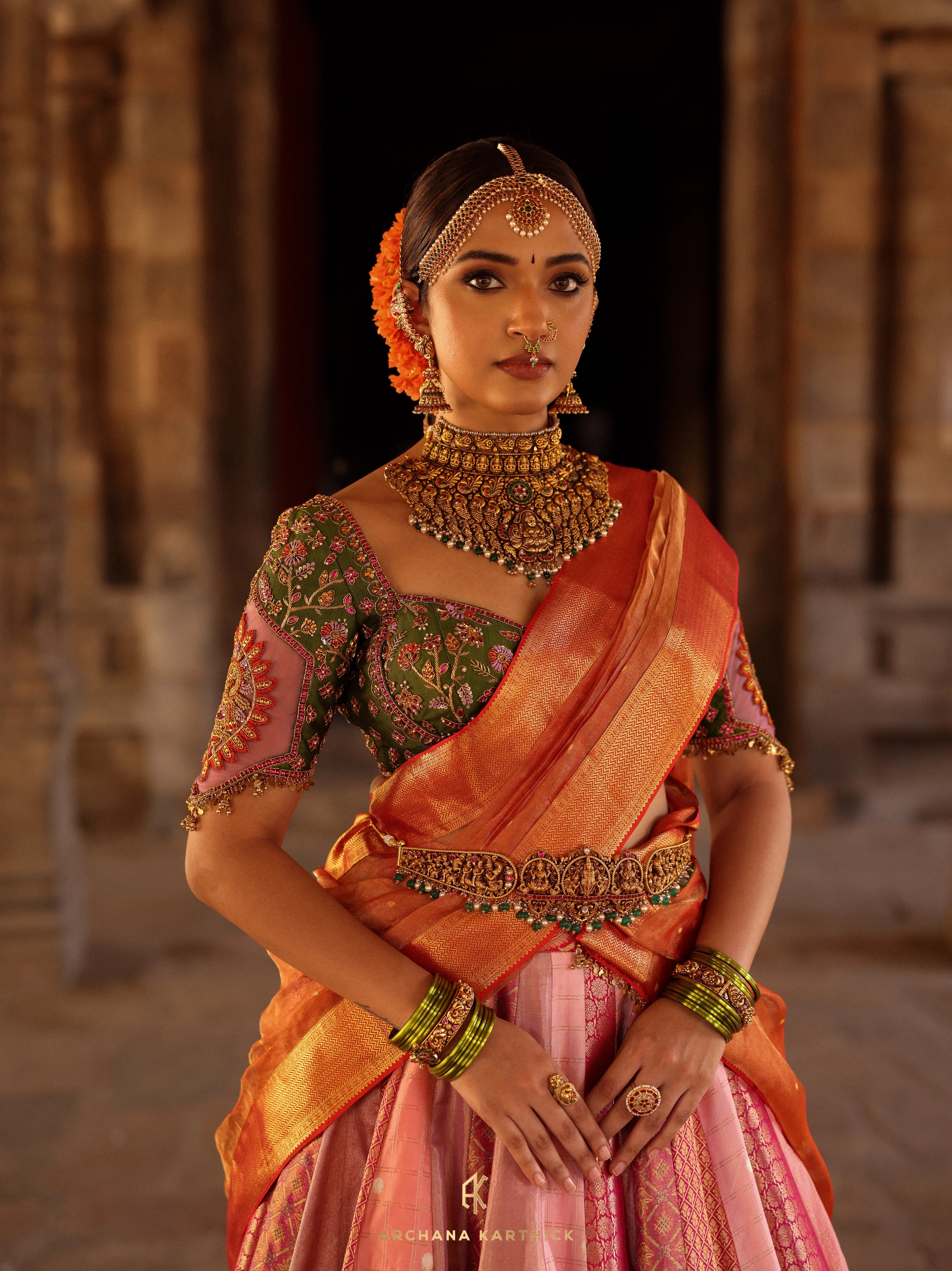 "Kundhavai" - Pink, Orange & Green Kanjeevaram Tissue Silk Half Saree