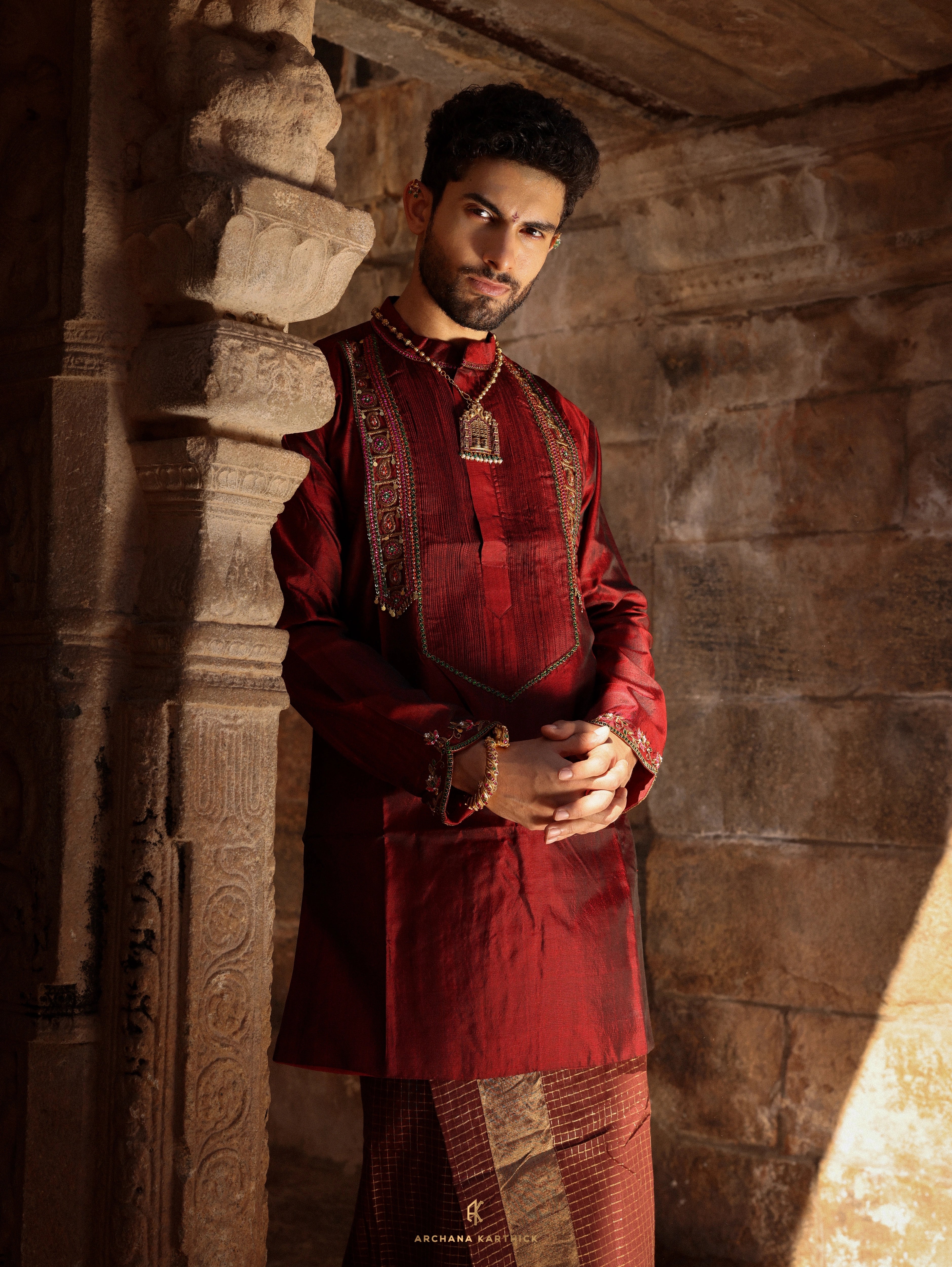 "Veerabadra" - Maroon & Gold Silk Kurta Veshti Set for Men
