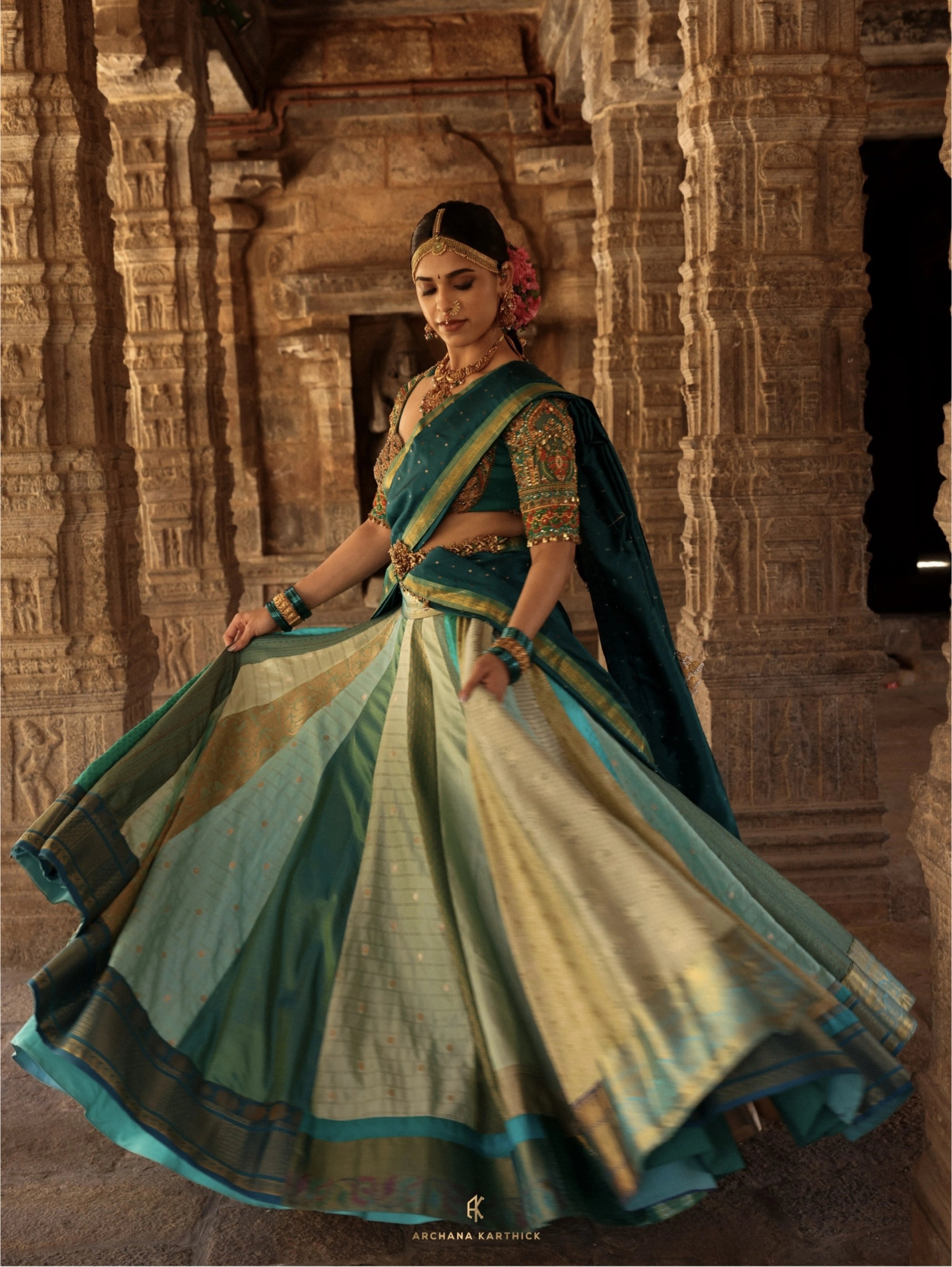 "Rukmini Devi" - Teal Kanjeevaram & Brocade Silk Half Saree