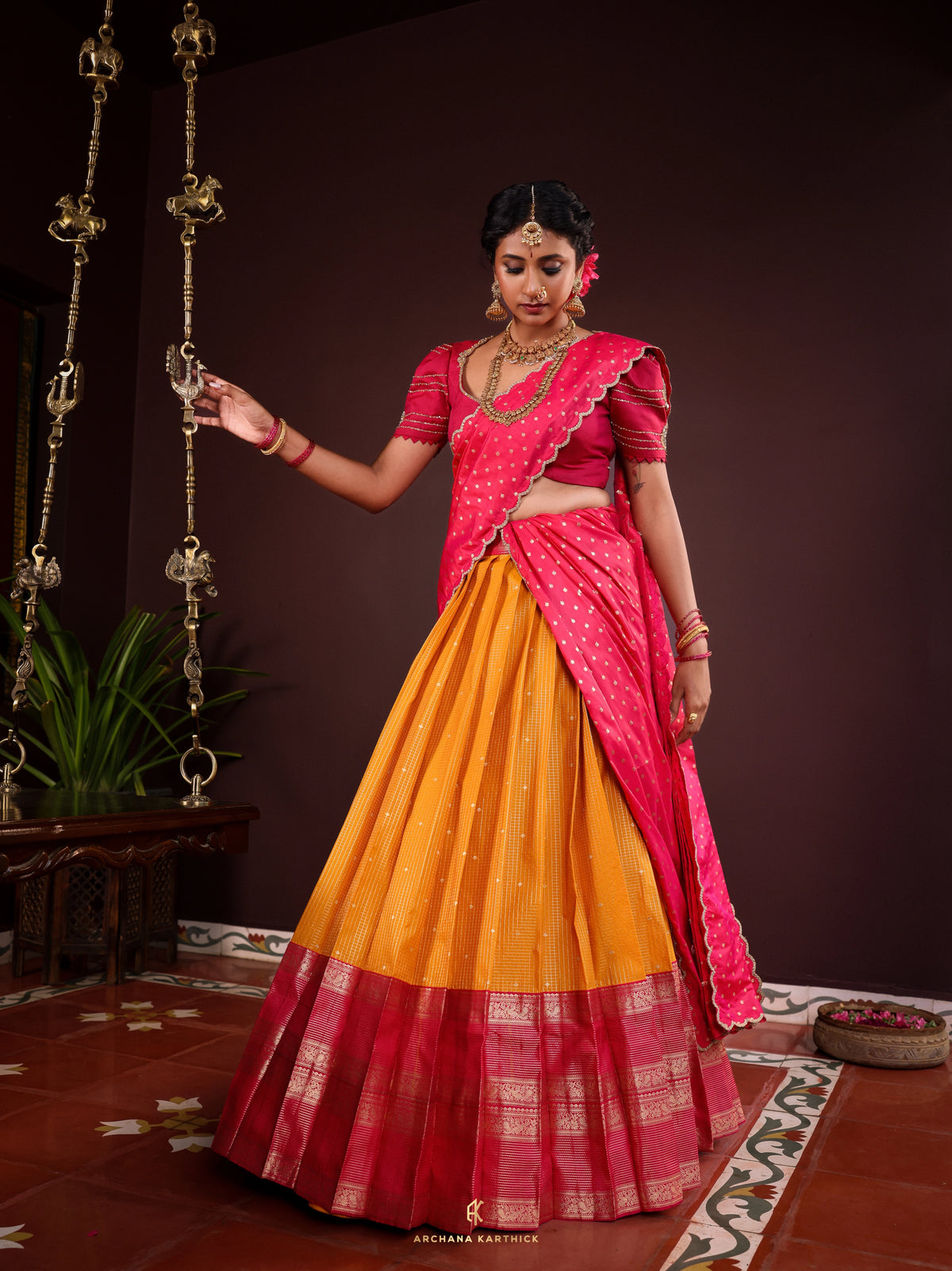 "Suryagandhi" - Pink & Yellow Silk Half Saree