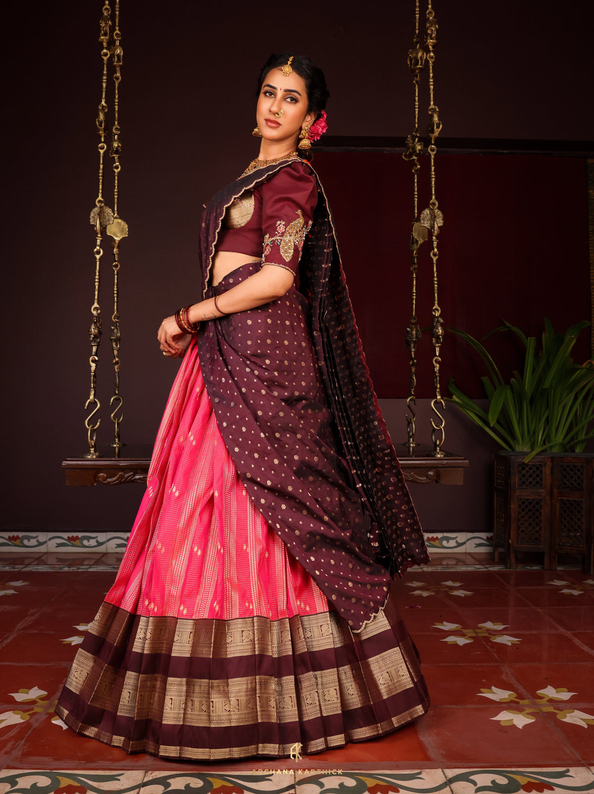 "Arali" - Pink & Brown Silk Half Saree