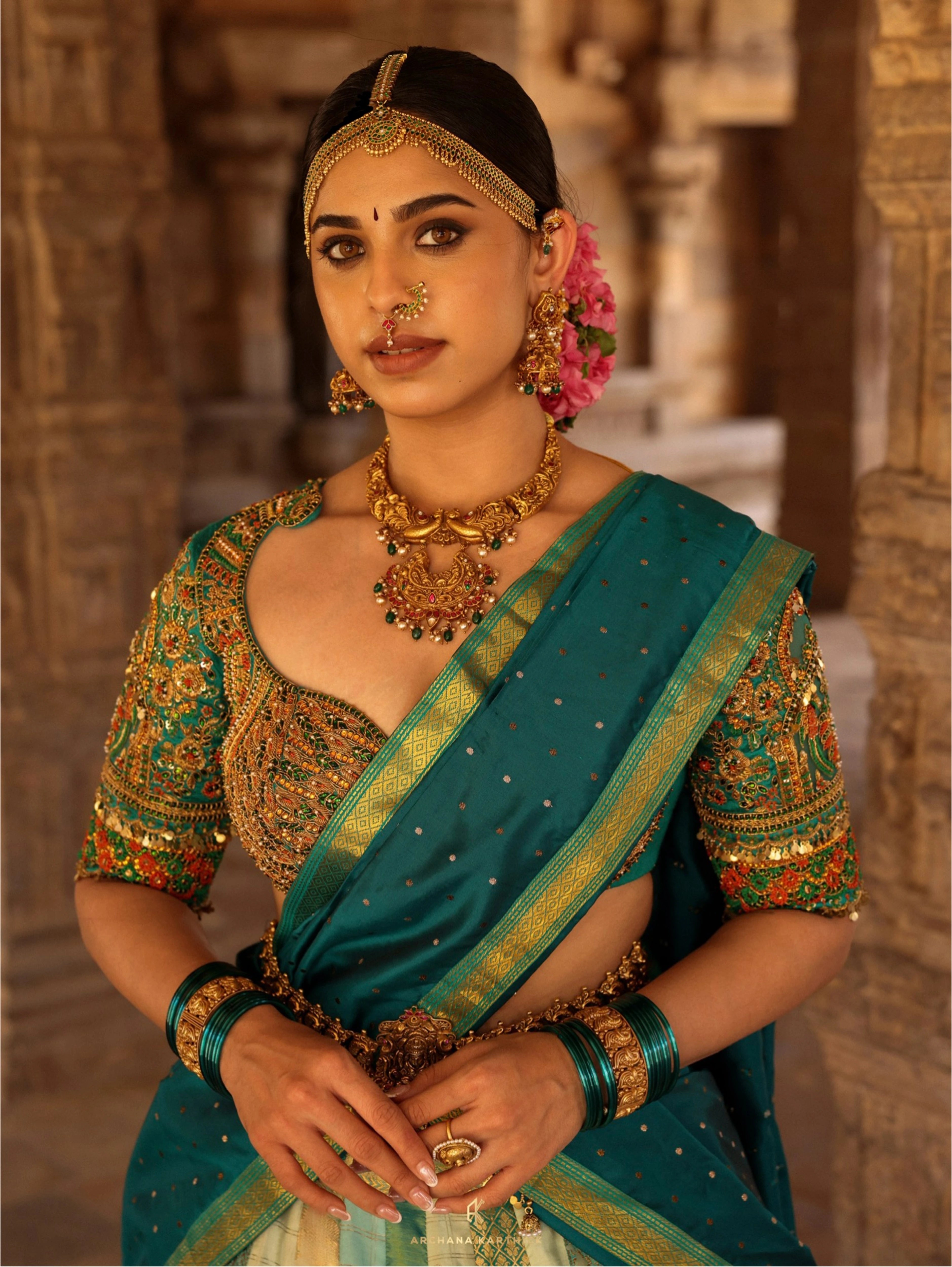 "Rukmini Devi" - Teal Kanjeevaram & Brocade Silk Half Saree