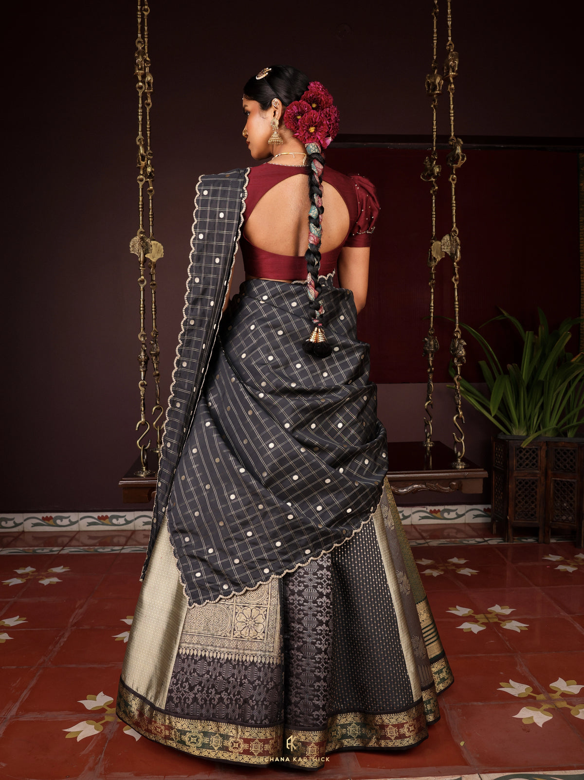 "Roja" - Black & Maroon Silk Half Saree