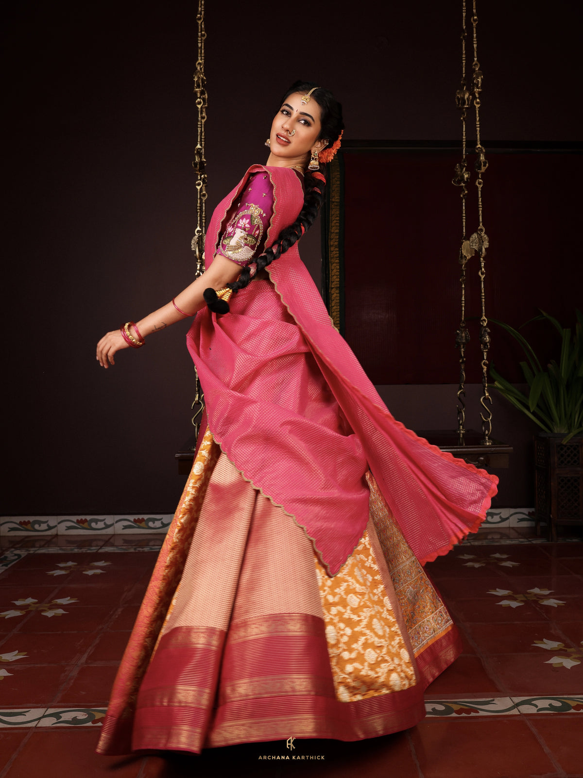 "Jaathimalli" - Pink & Orange Silk Half Saree