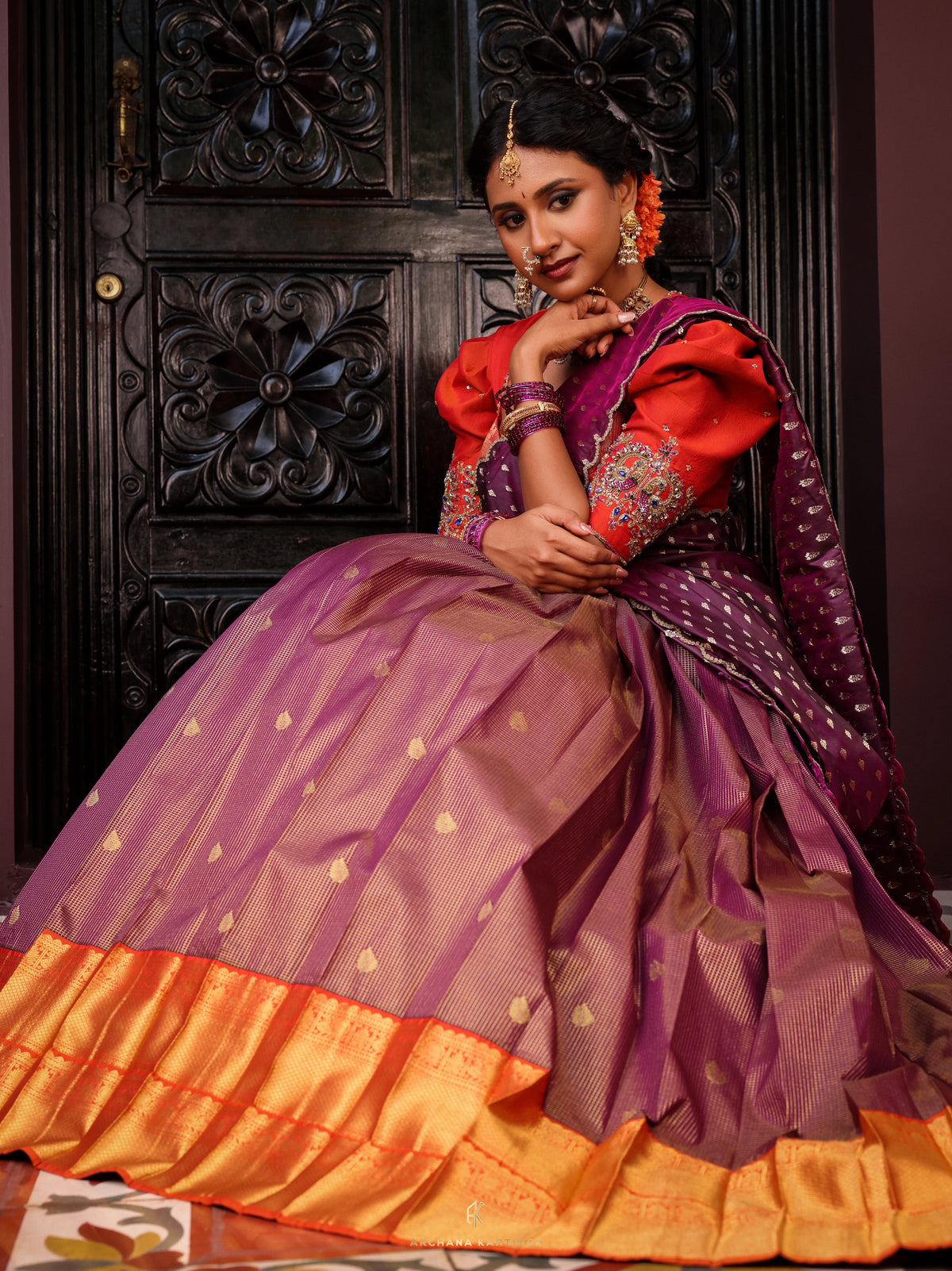 "Vaadamalli" - Orange & Purple Silk Half Saree