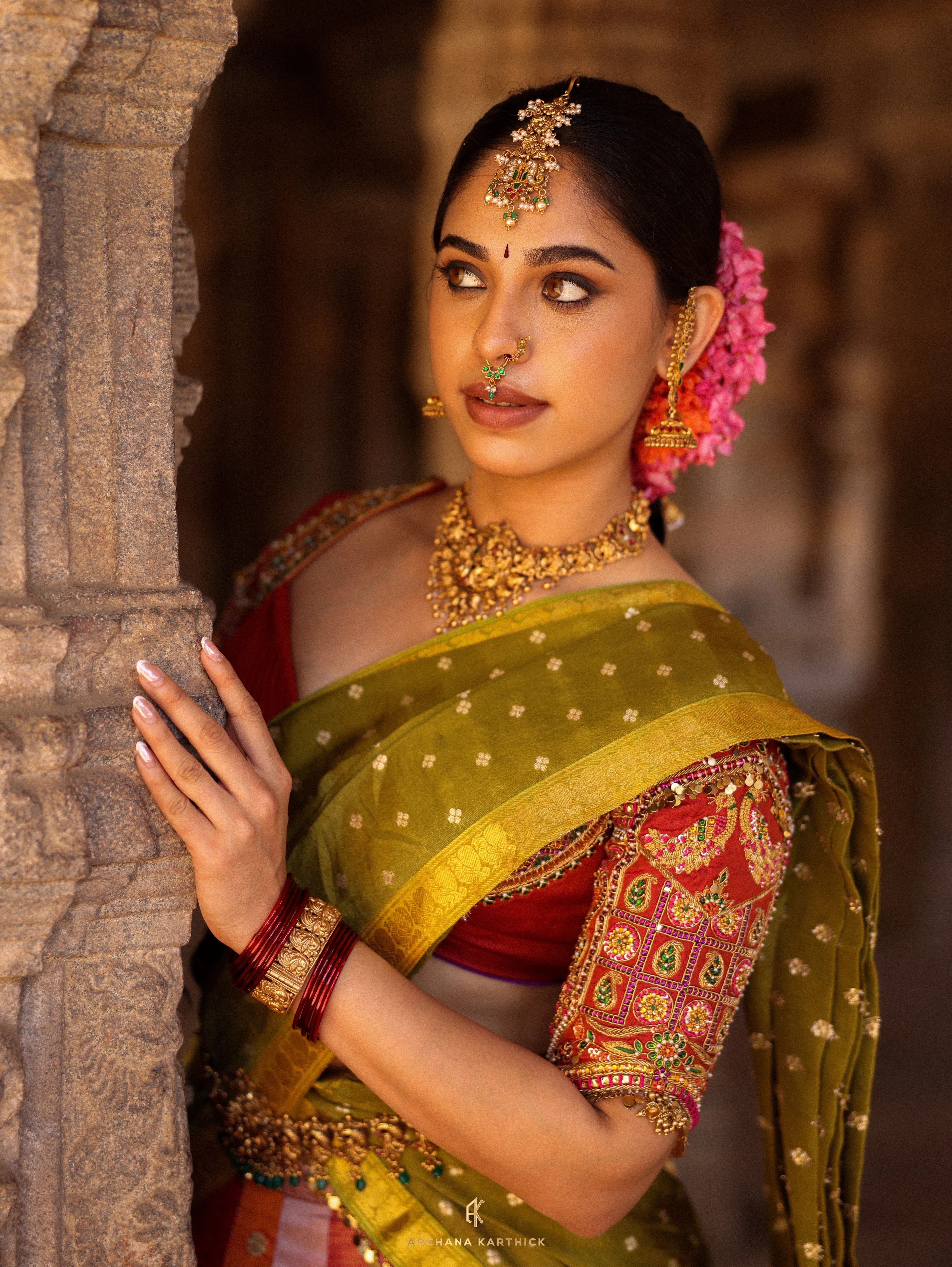 "Rudrama Devi" - Pink, Red & Green Kanjeevaram Silk Half Saree