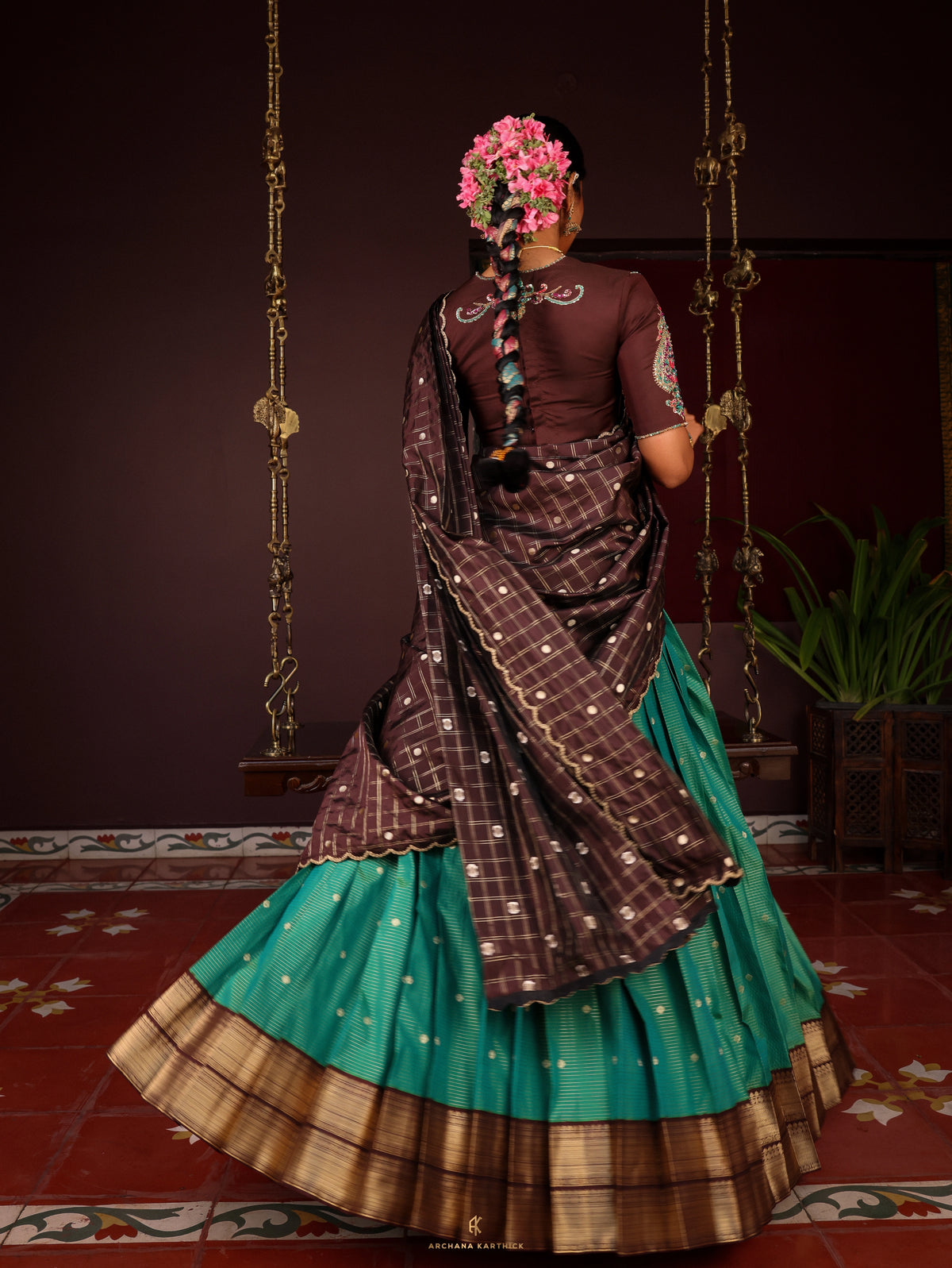 "Neelakurinji" - Teal & Brown Silk Half Saree