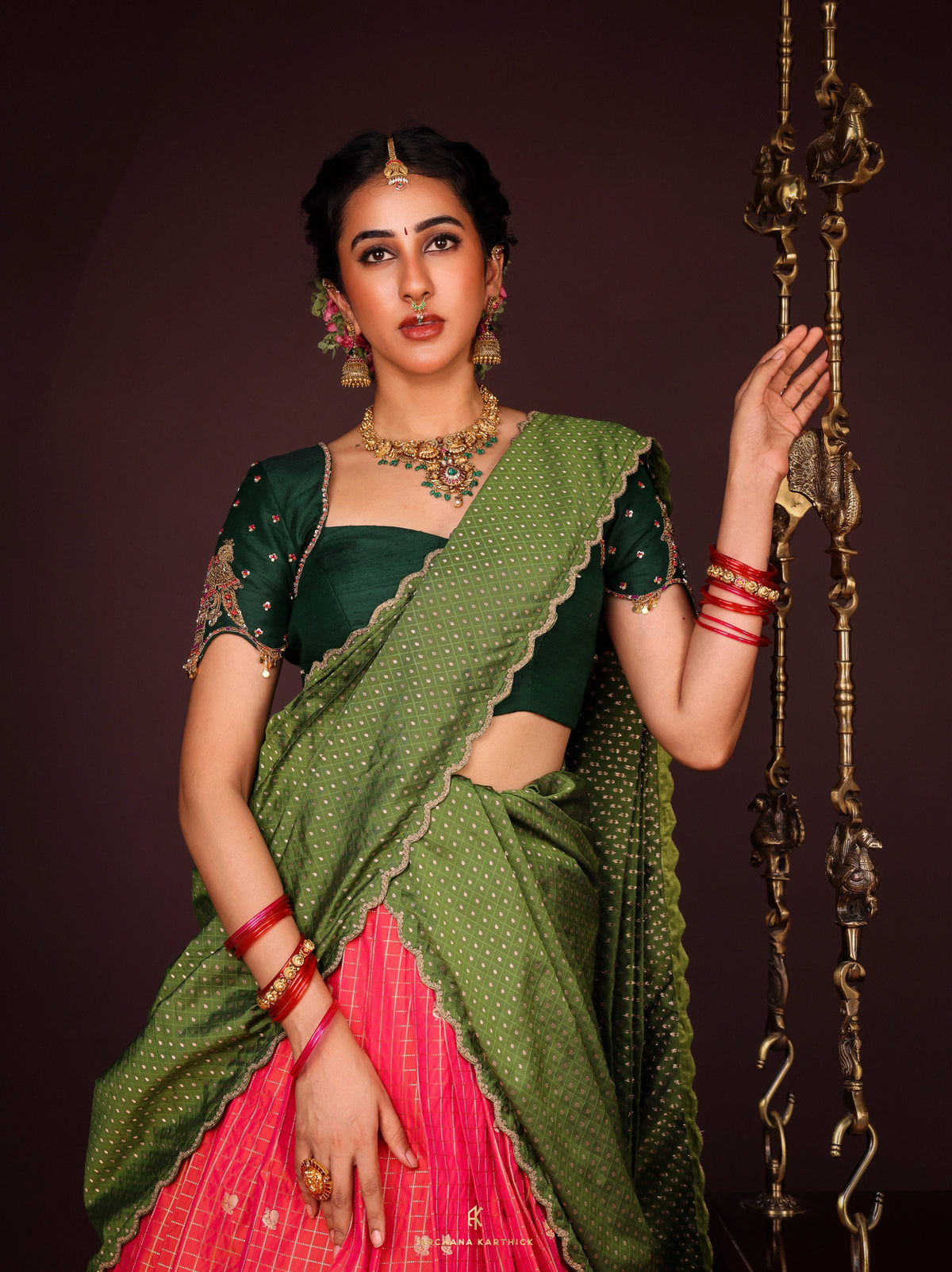 "Sembaruthi" - Green & Pink Silk Half Saree