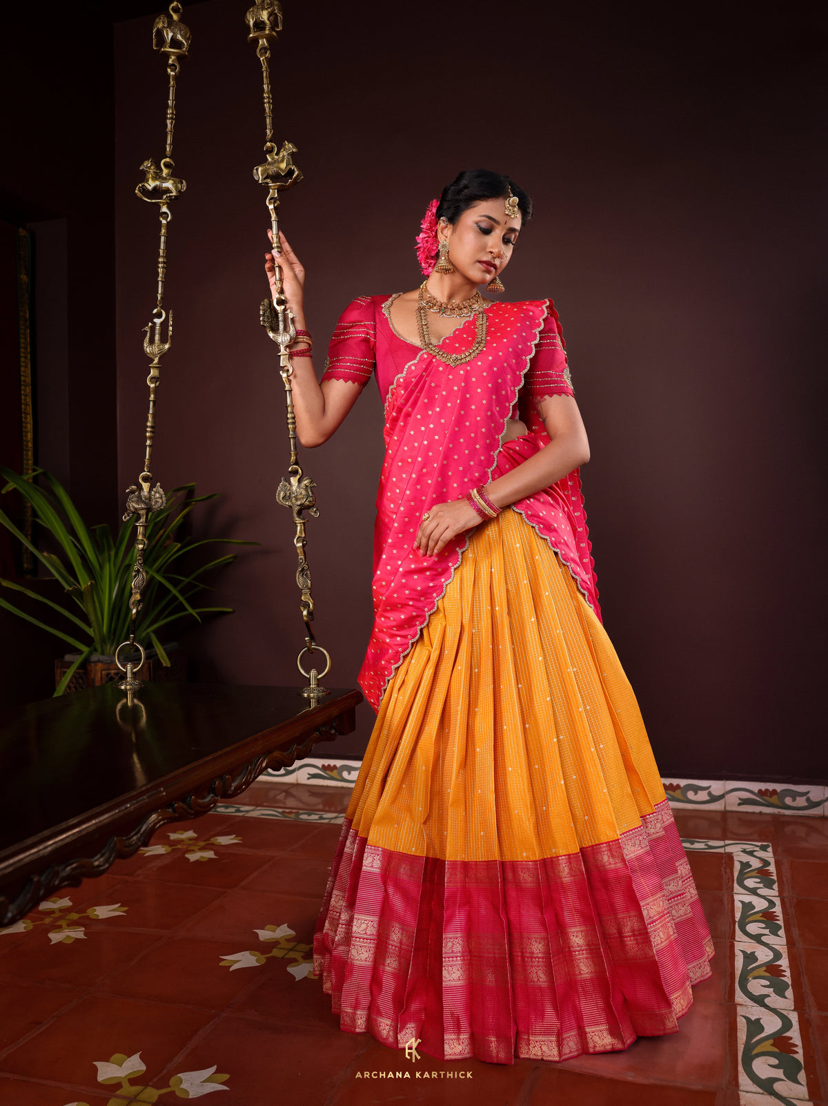 "Suryagandhi" - Pink & Yellow Silk Half Saree