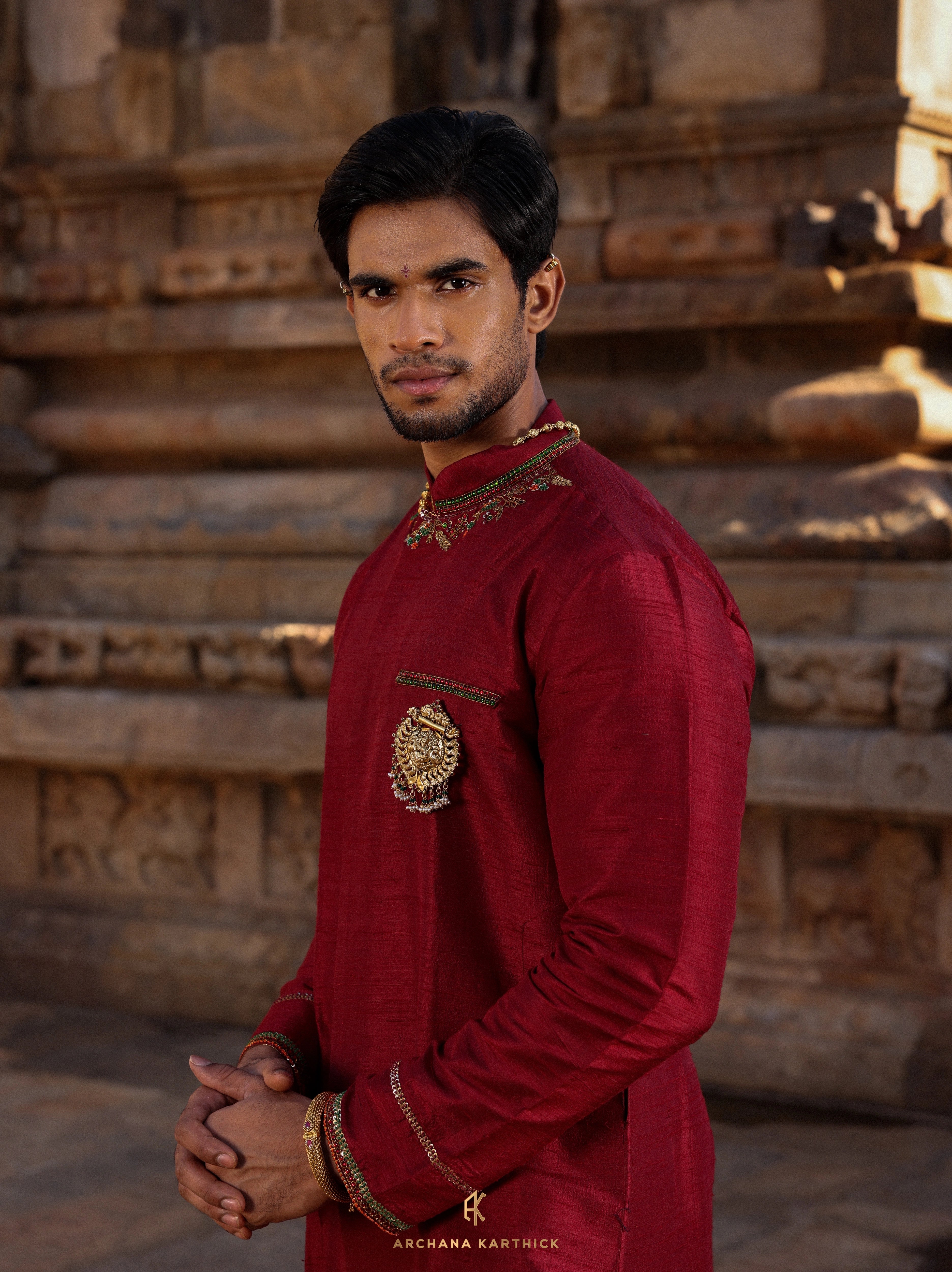 "Gandaraditya" - Maroon Raw Silk Kurta Set for Men