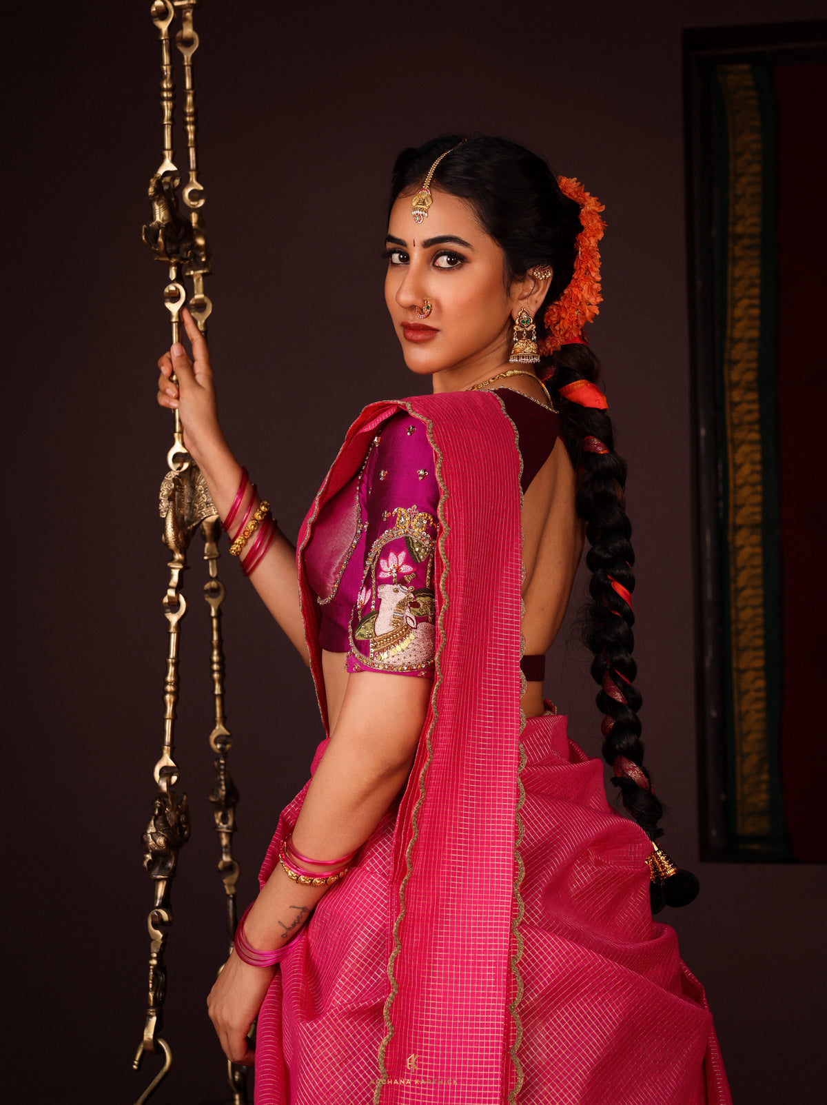 "Jaathimalli" - Pink & Orange Silk Half Saree