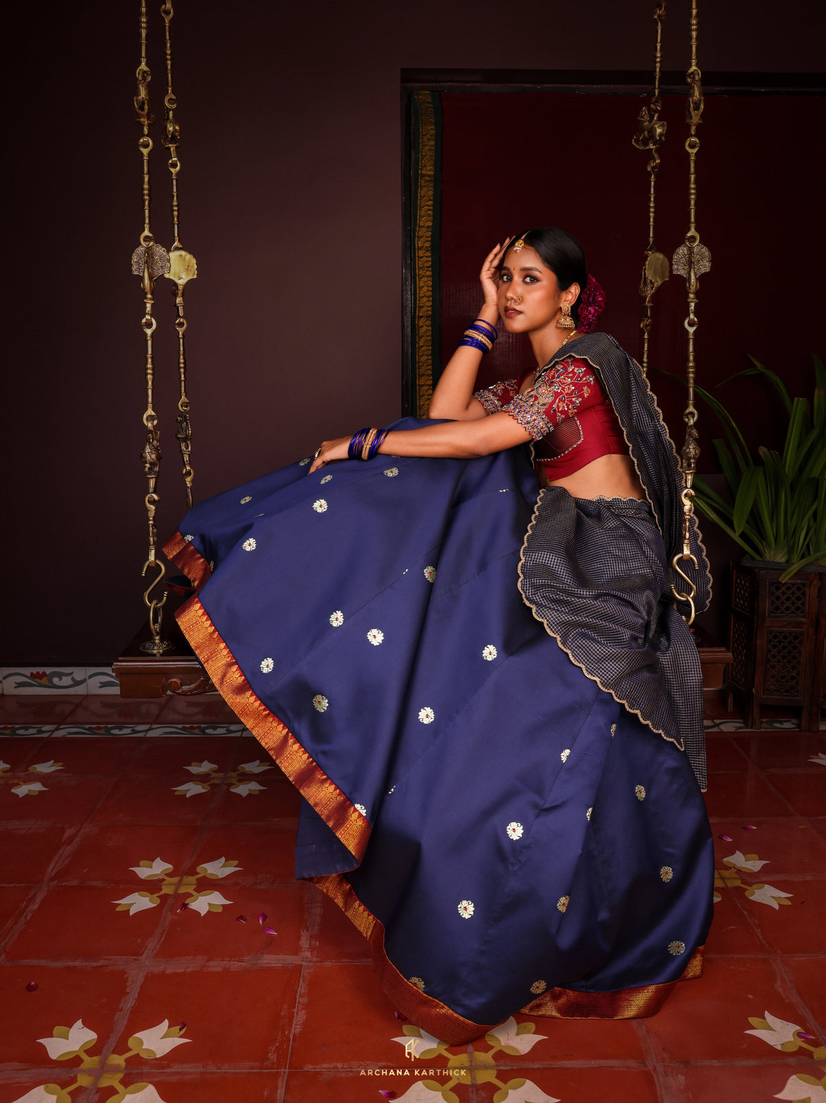 "Virutchi" - Blue & Maroon Silk Half Saree