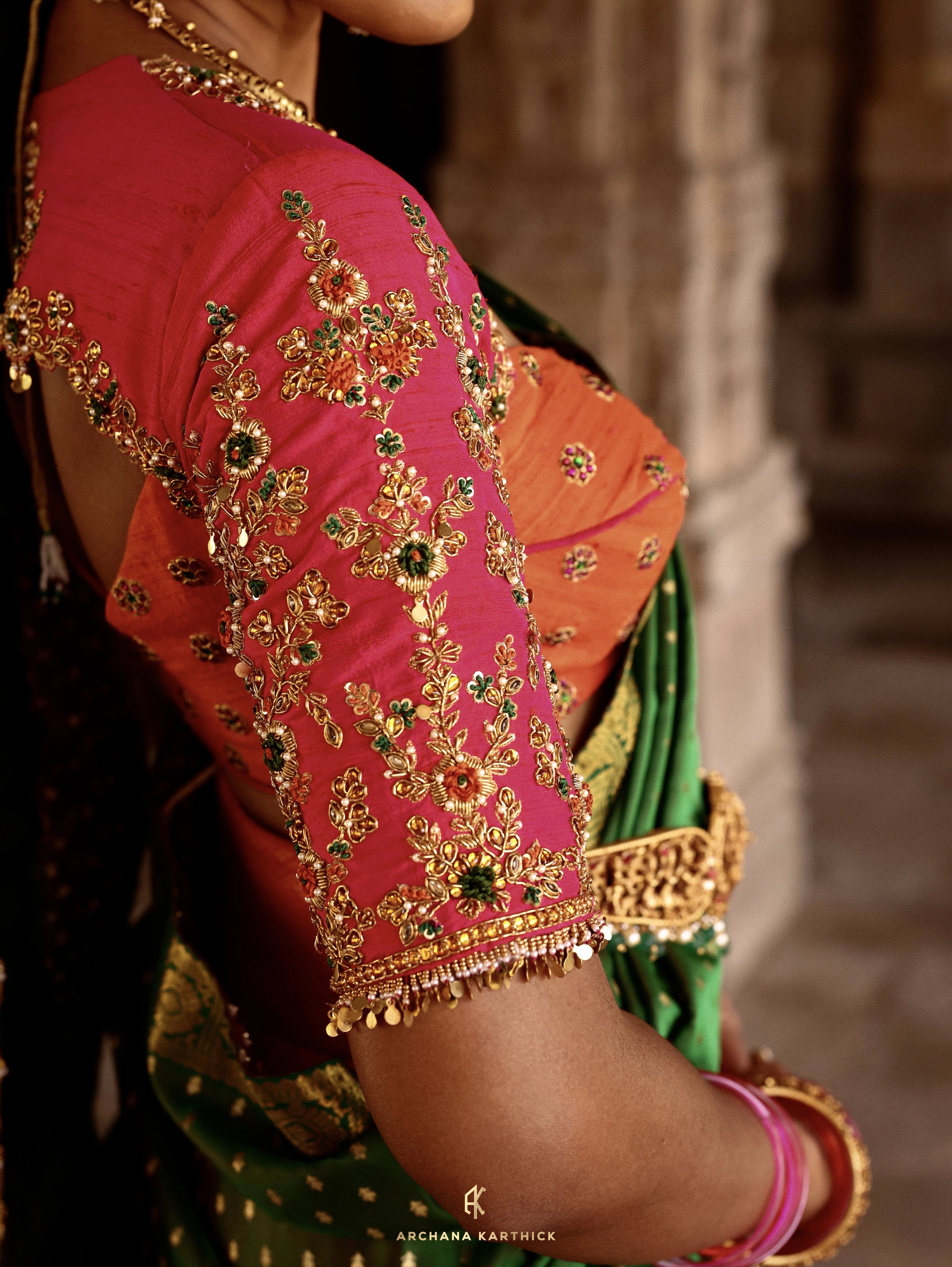 "Velu Nachiyar" - Orange, Pink & Green Silk Half Saree