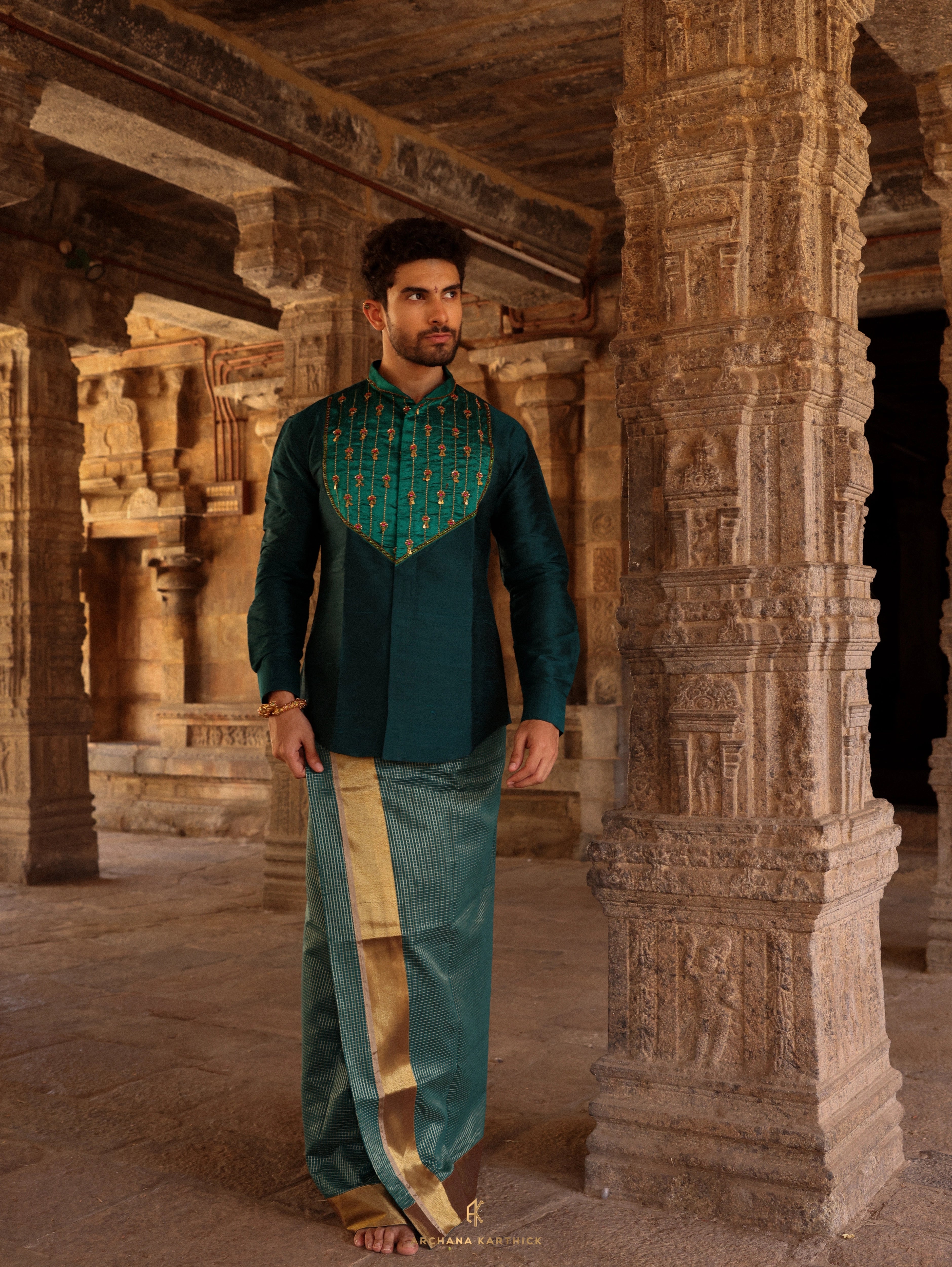 "G ARUNDALE" - Teal, Green & Gold Raw Silk Shirt & Veshti Set for Men