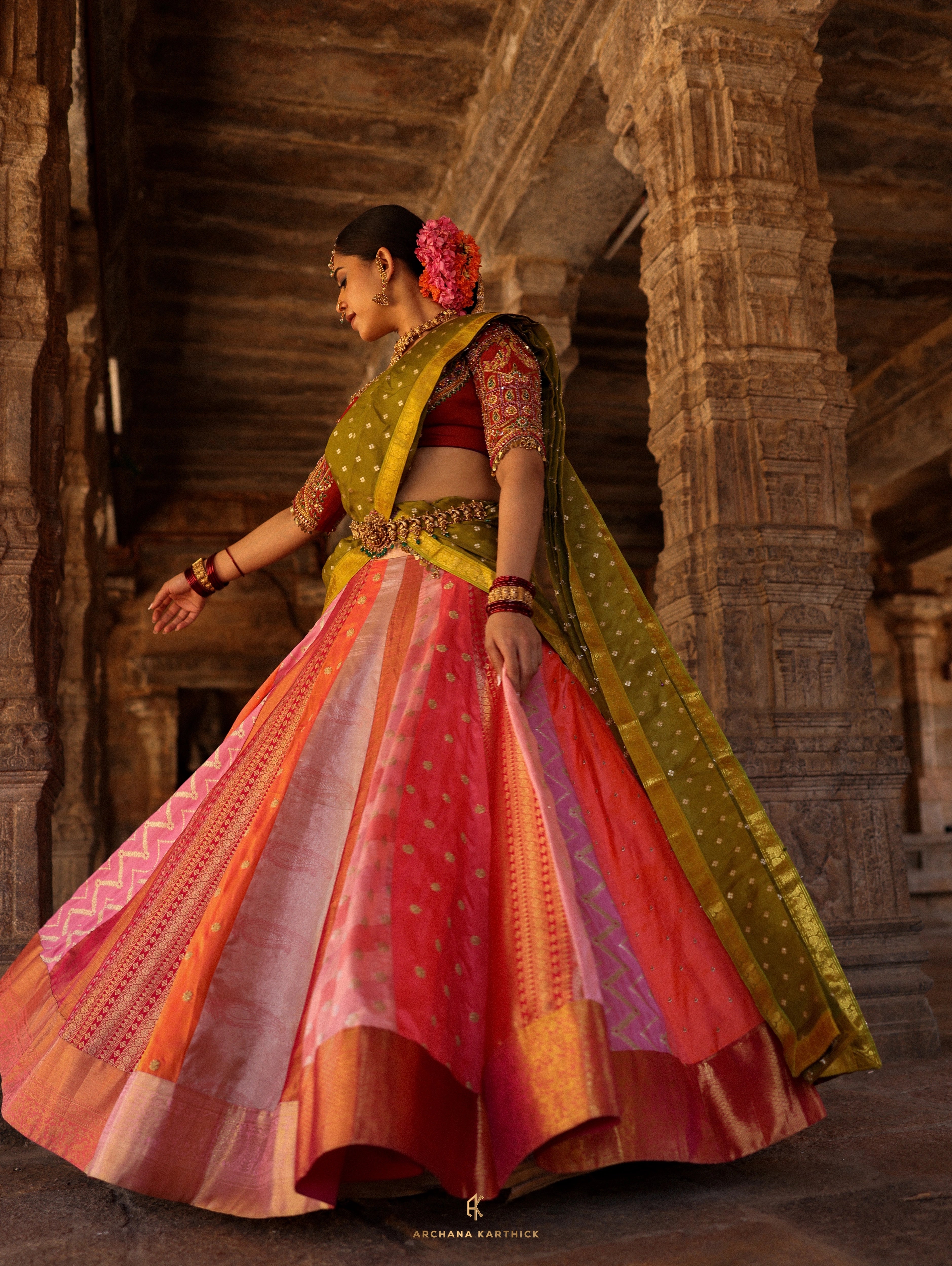 "Rudrama Devi" - Pink, Red & Green Kanjeevaram Silk Half Saree