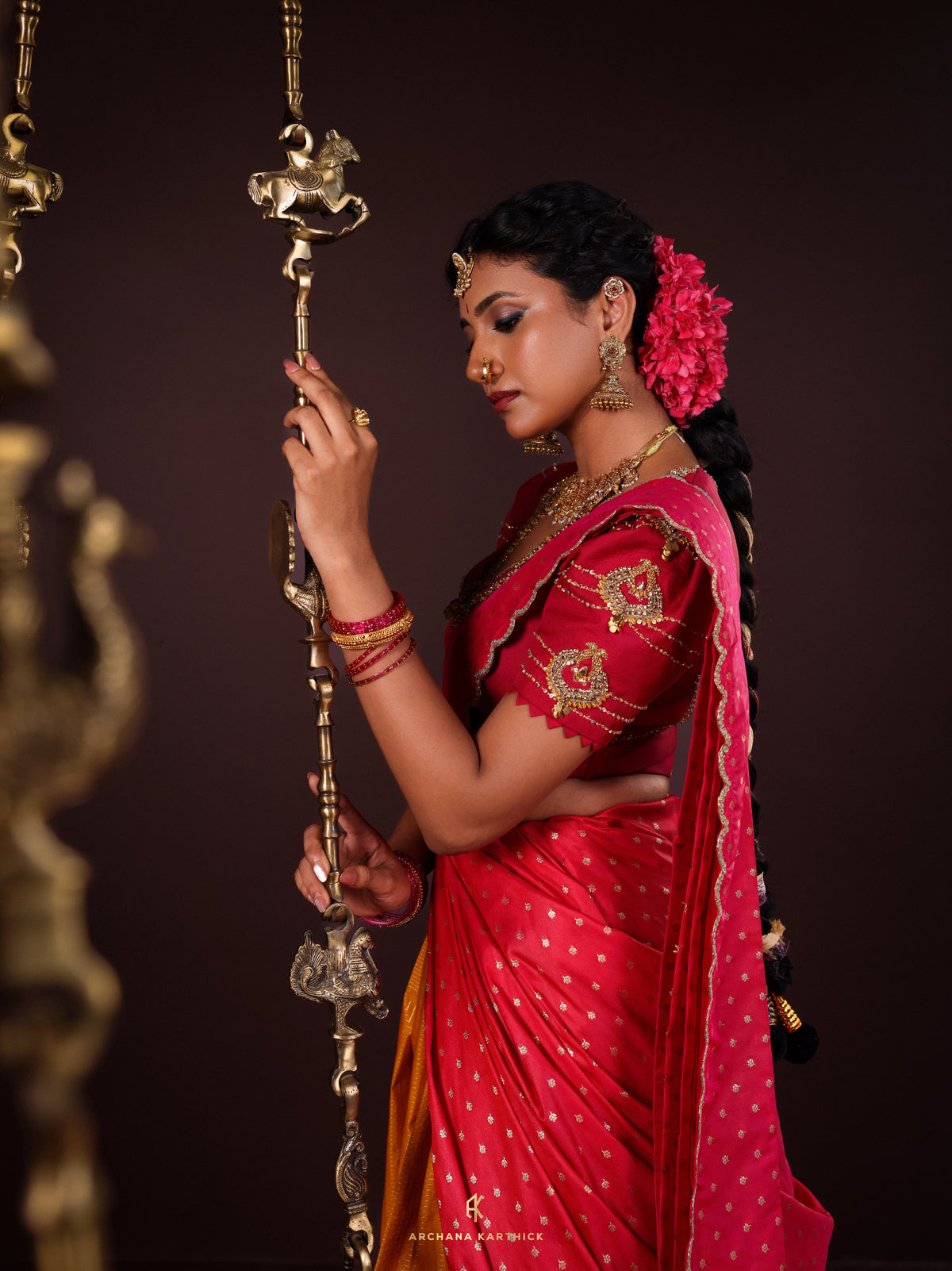 "Suryagandhi" - Pink & Yellow Silk Half Saree