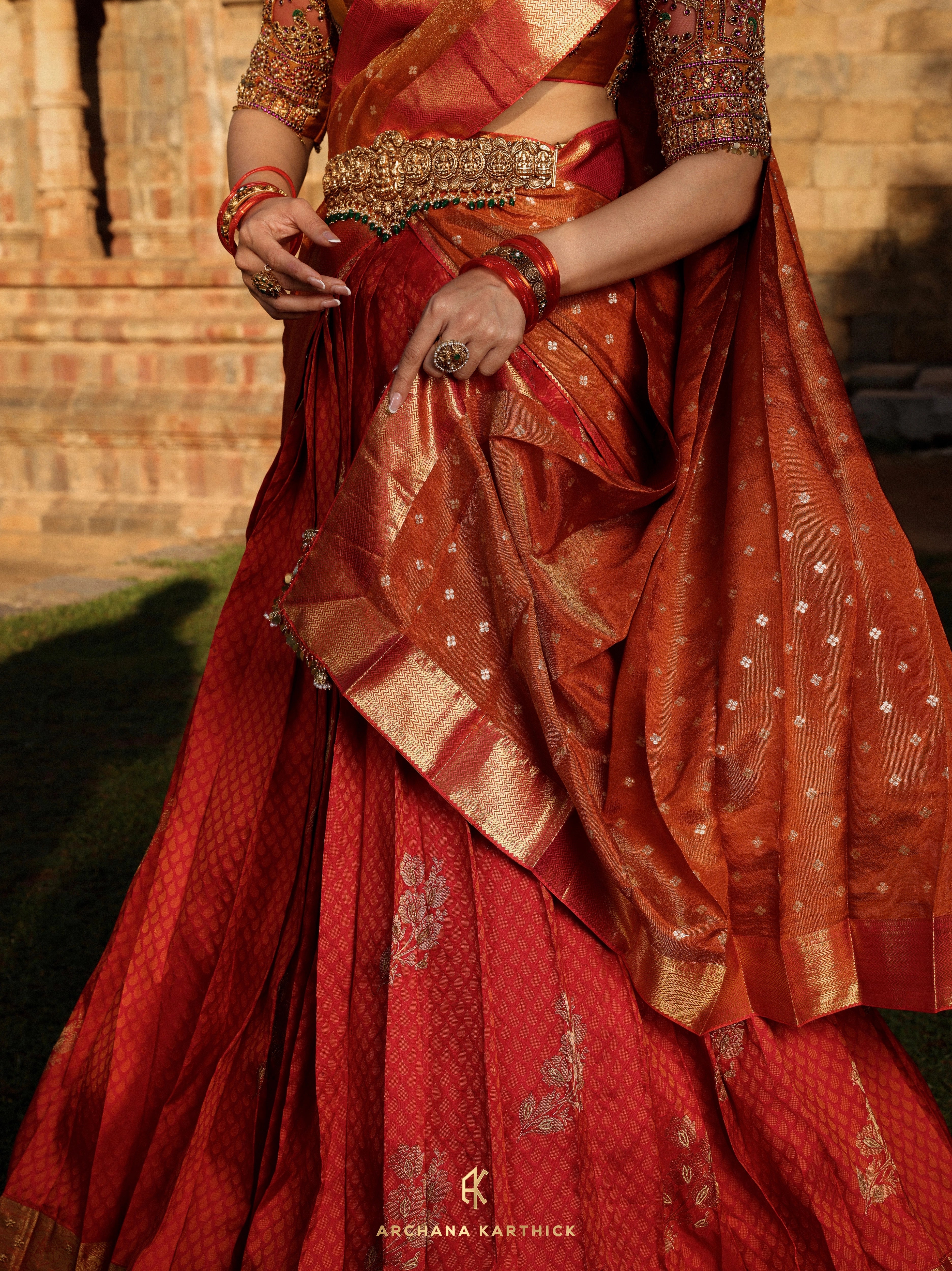 "Mangammal" - Red, Mustard & Orange Kanjeevaram Silk Half Saree