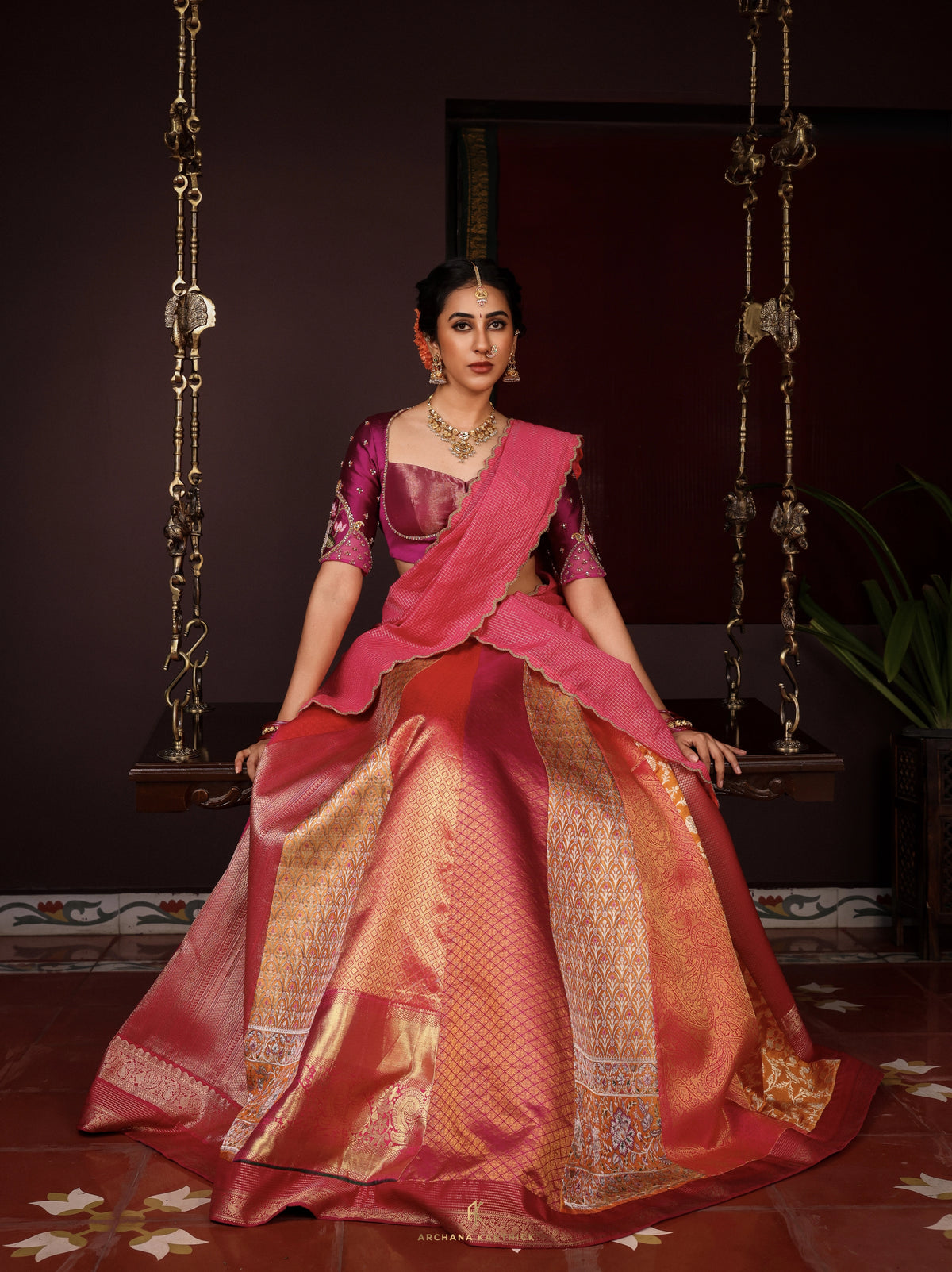 "Jaathimalli" - Pink & Orange Silk Half Saree