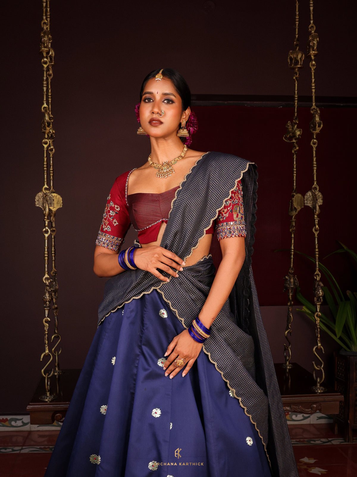 "Virutchi" - Blue & Maroon Silk Half Saree