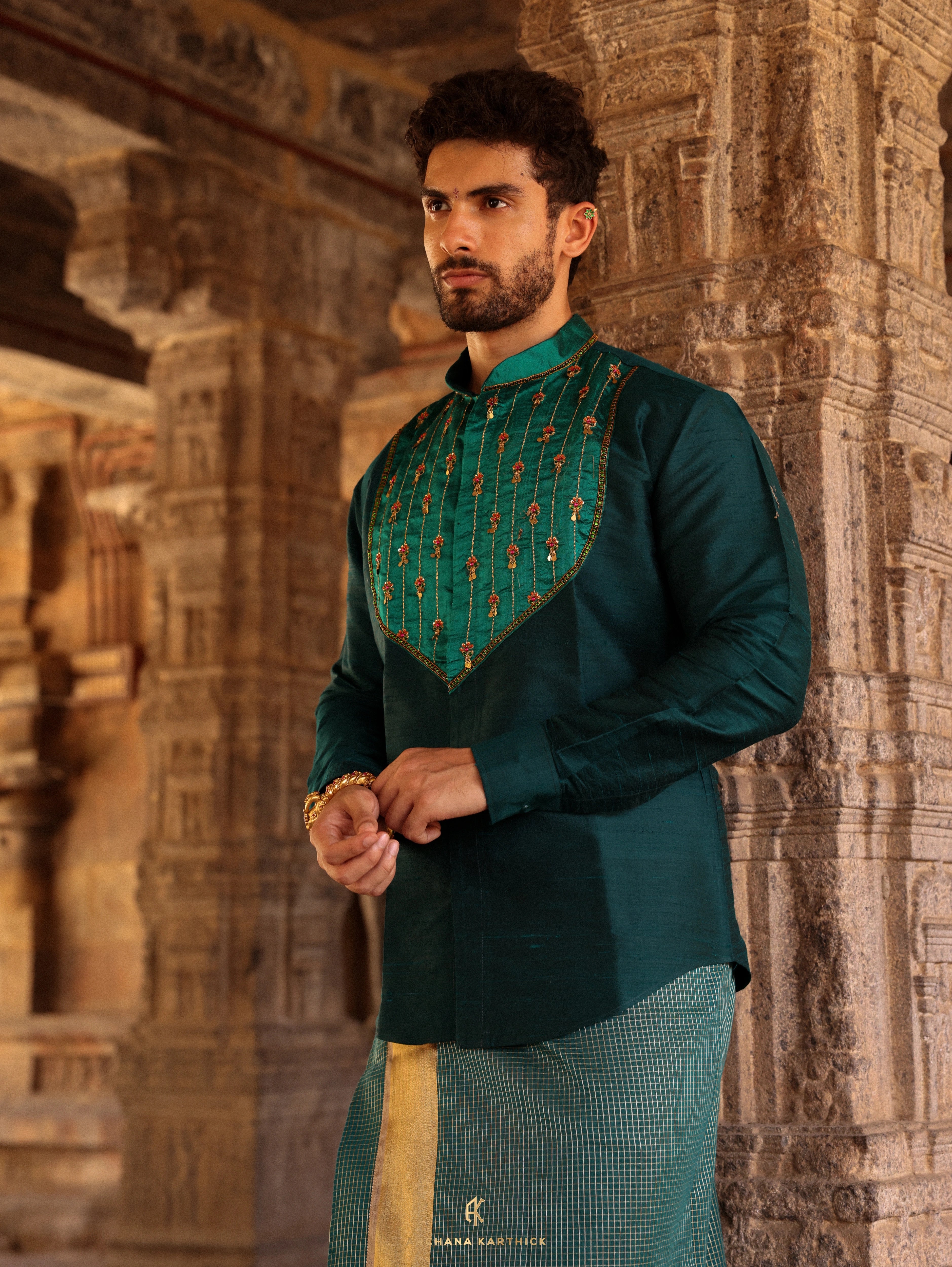 "G ARUNDALE" - Teal, Green & Gold Raw Silk Shirt & Veshti Set for Men