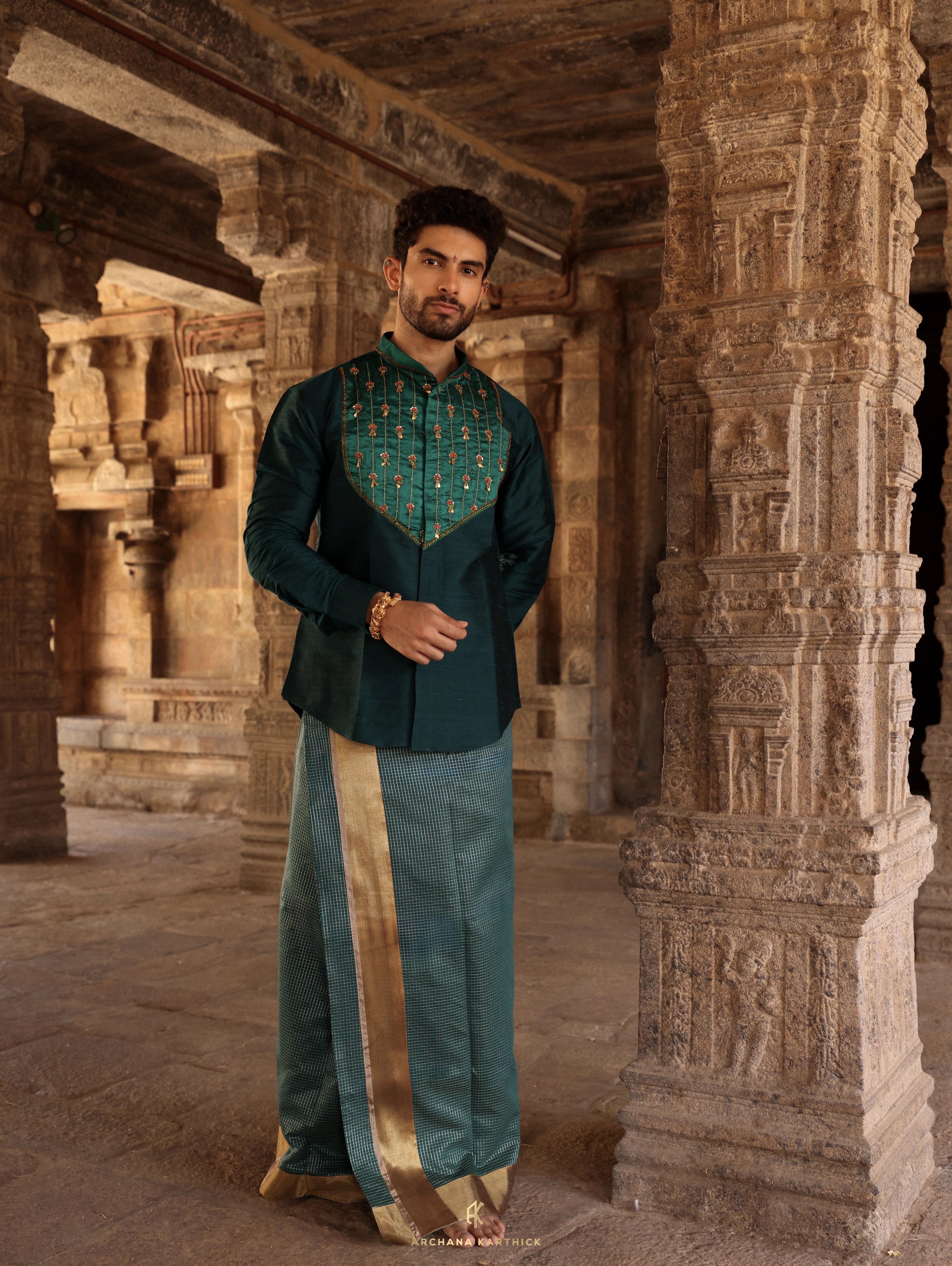 "G ARUNDALE" - Teal, Green & Gold Raw Silk Shirt & Veshti Set for Men