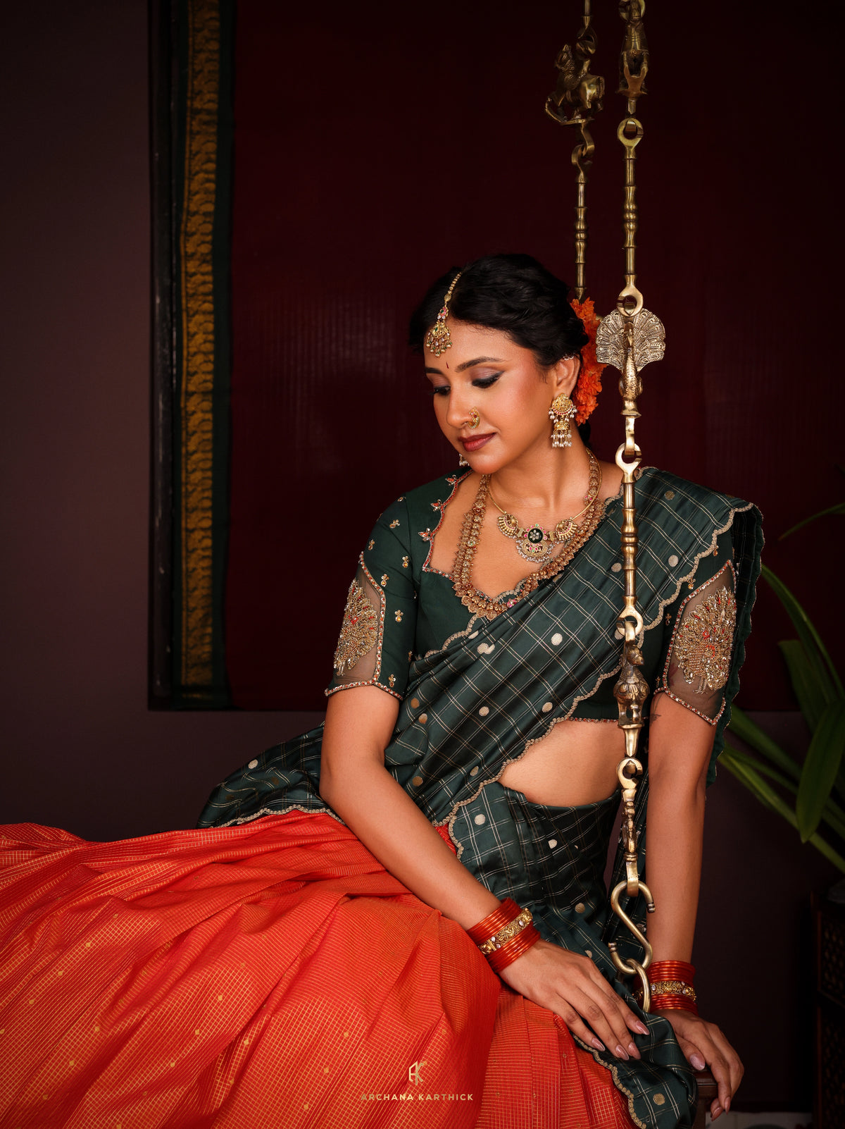 "Kanakambaram" - Green & Orange Half Saree