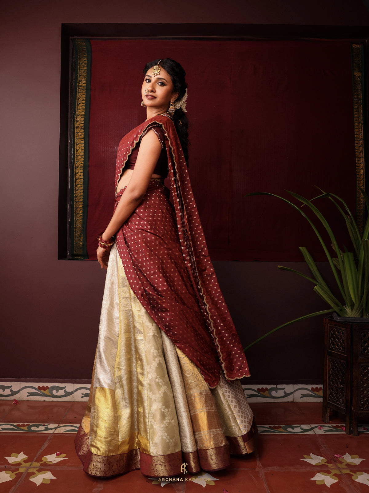 "Malli" - Gold & Maroon Silk Half Saree