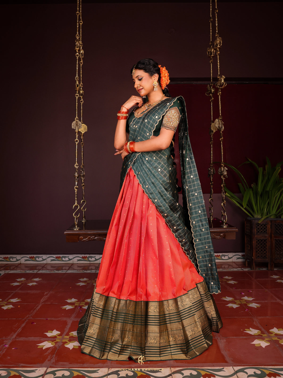 "Kanakambaram" - Green & Orange Half Saree