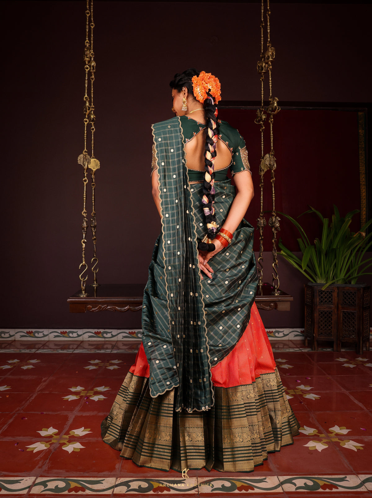 "Kanakambaram" - Green & Orange Half Saree