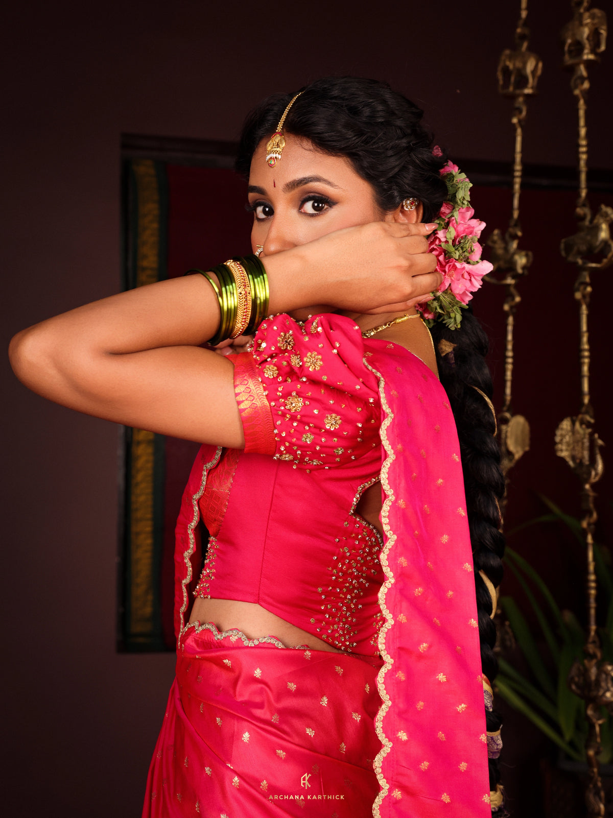 "Kadhambam" - Pink & Green Silk Half Saree