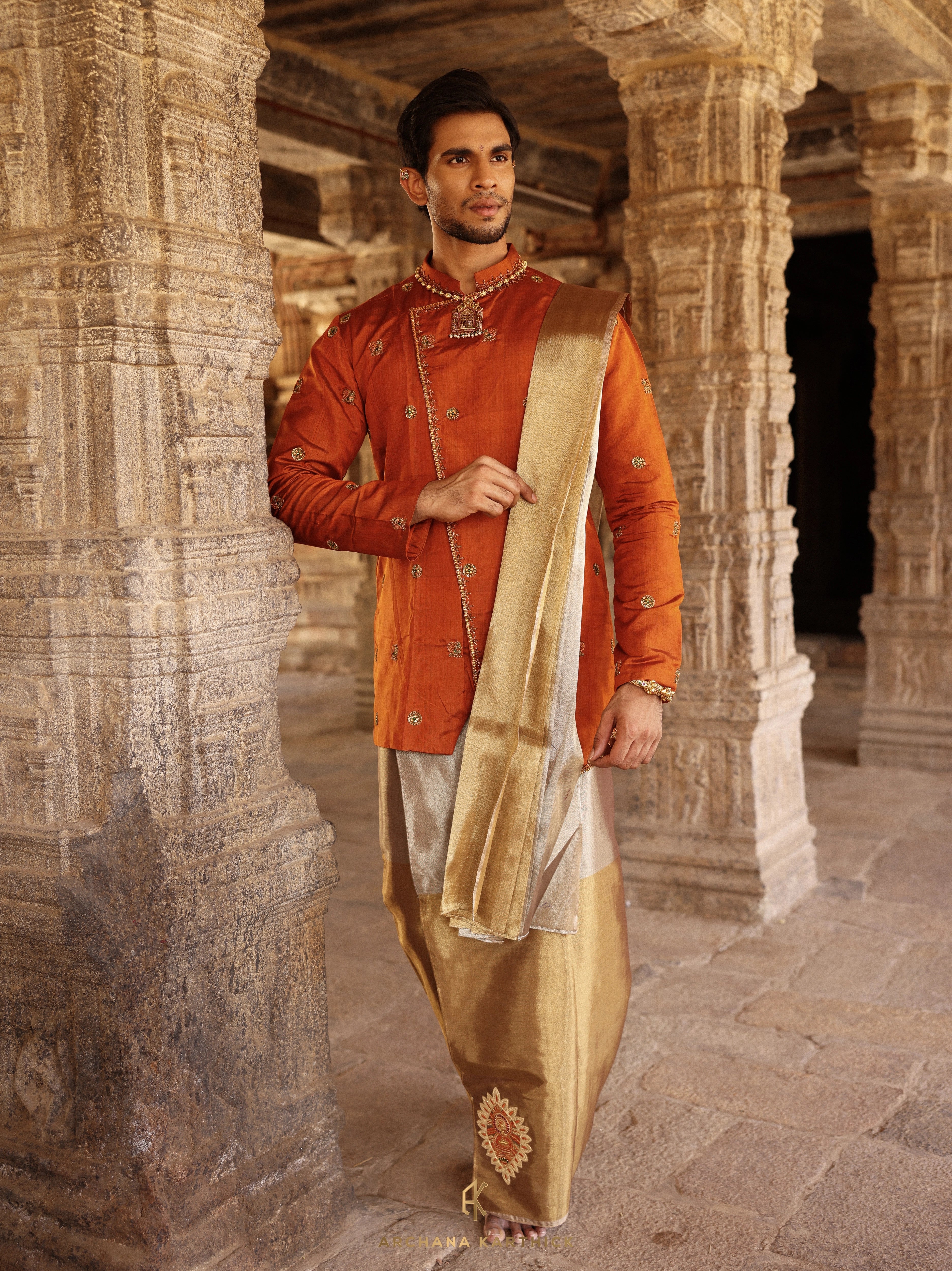 "VANDHIYATHEVAN" - Burnt Orange, Gold & Silver Kanjeevaram Silk Kurta Set for Men