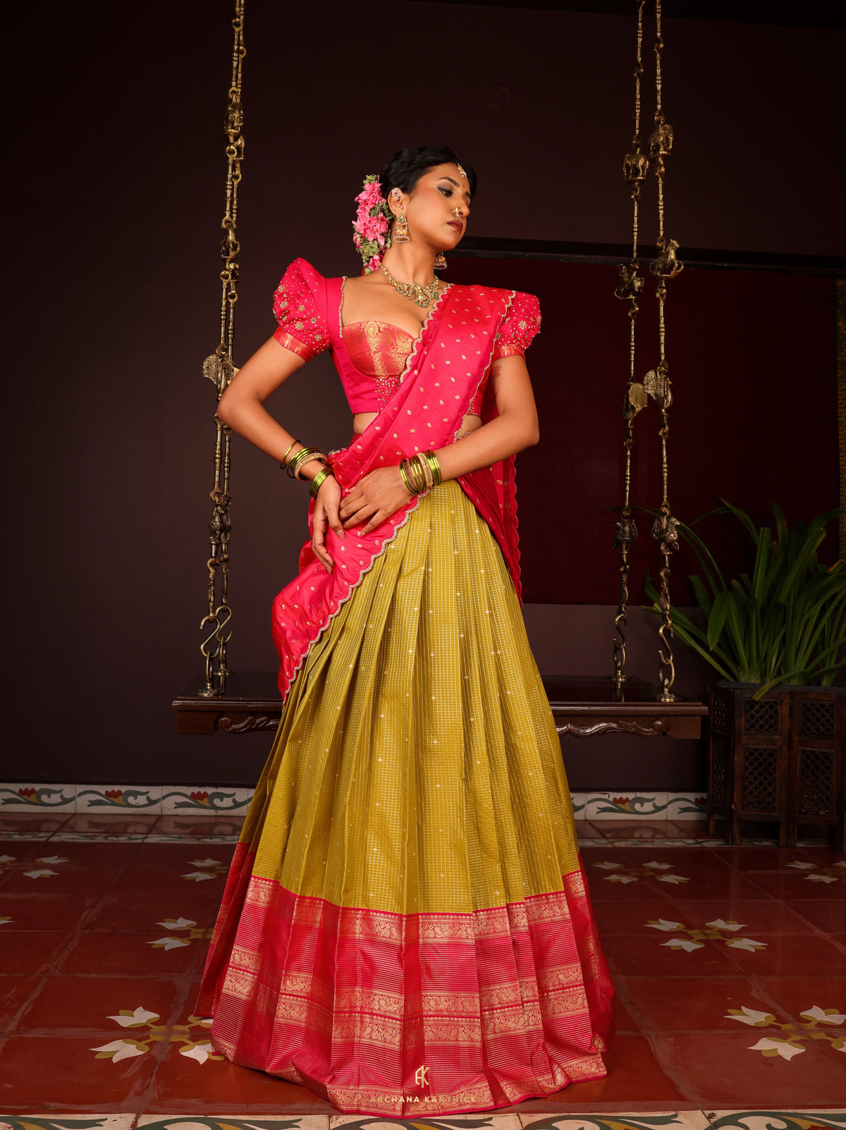 "Kadhambam" - Pink & Green Silk Half Saree