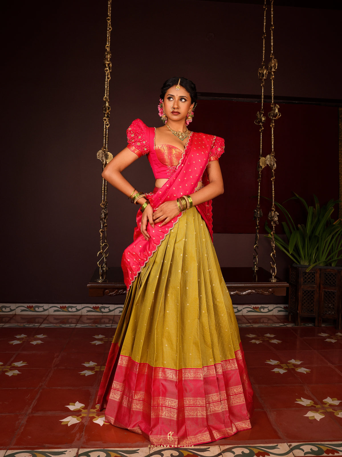 "Kadhambam" - Pink & Green Silk Half Saree