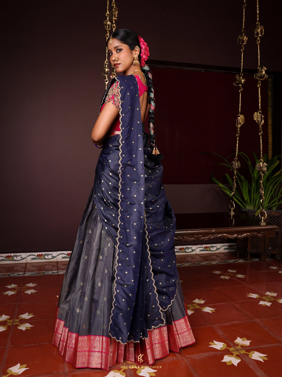 "Sangu Poo" - Blue & Pink Half Saree