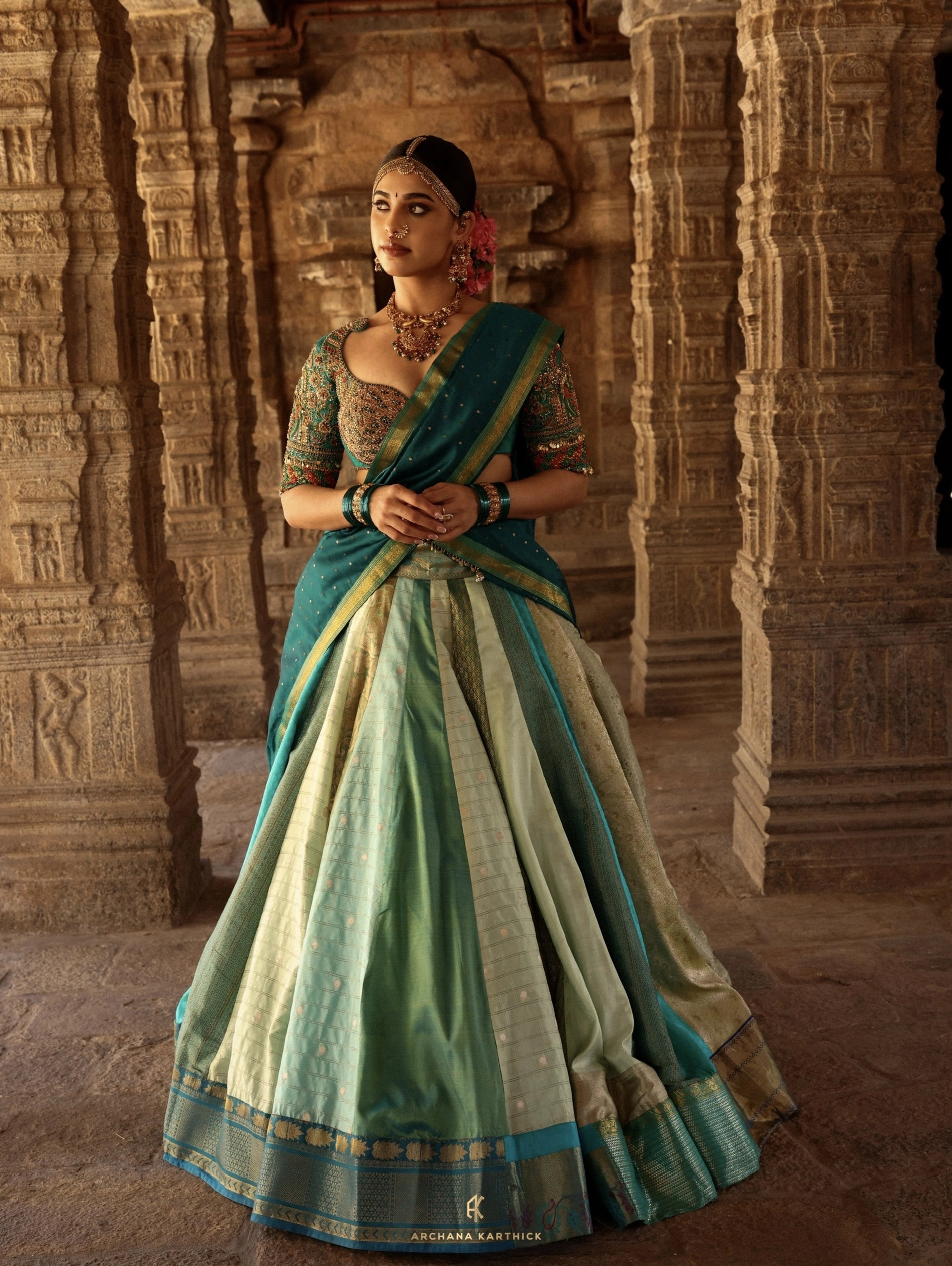 "Rukmini Devi" - Teal Kanjeevaram & Brocade Silk Half Saree