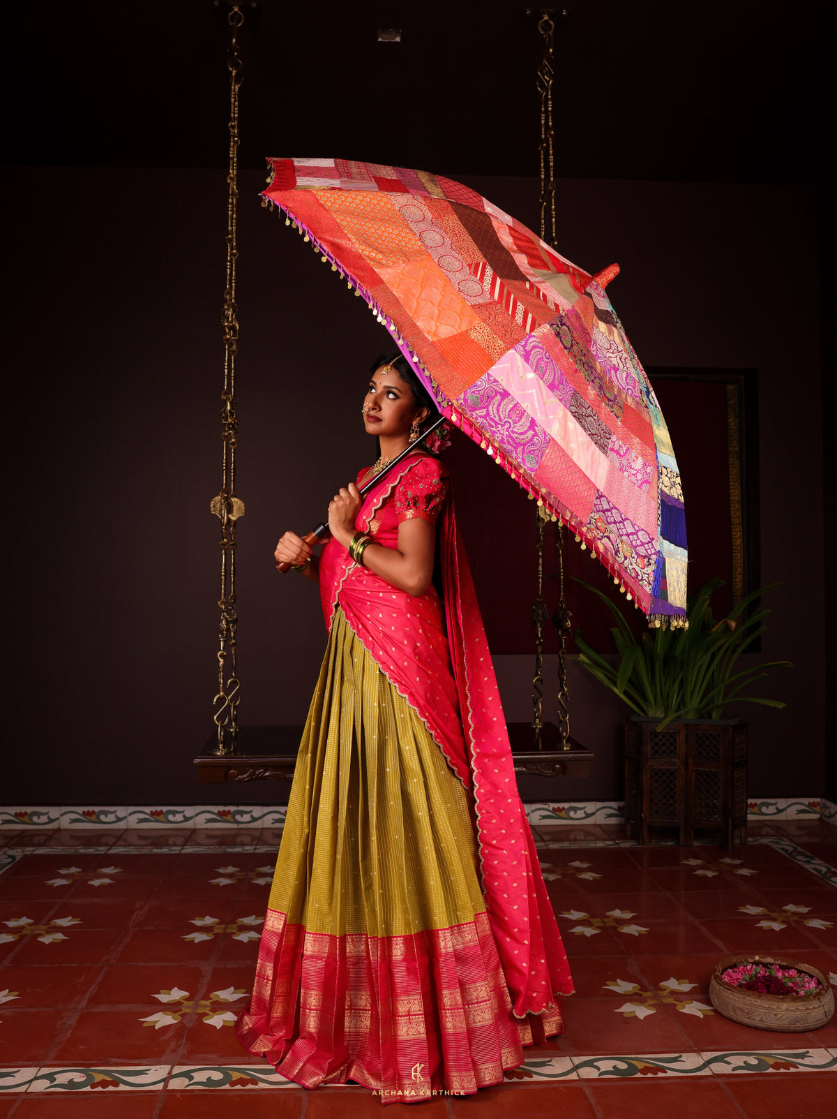 "Kadhambam" - Pink & Green Silk Half Saree