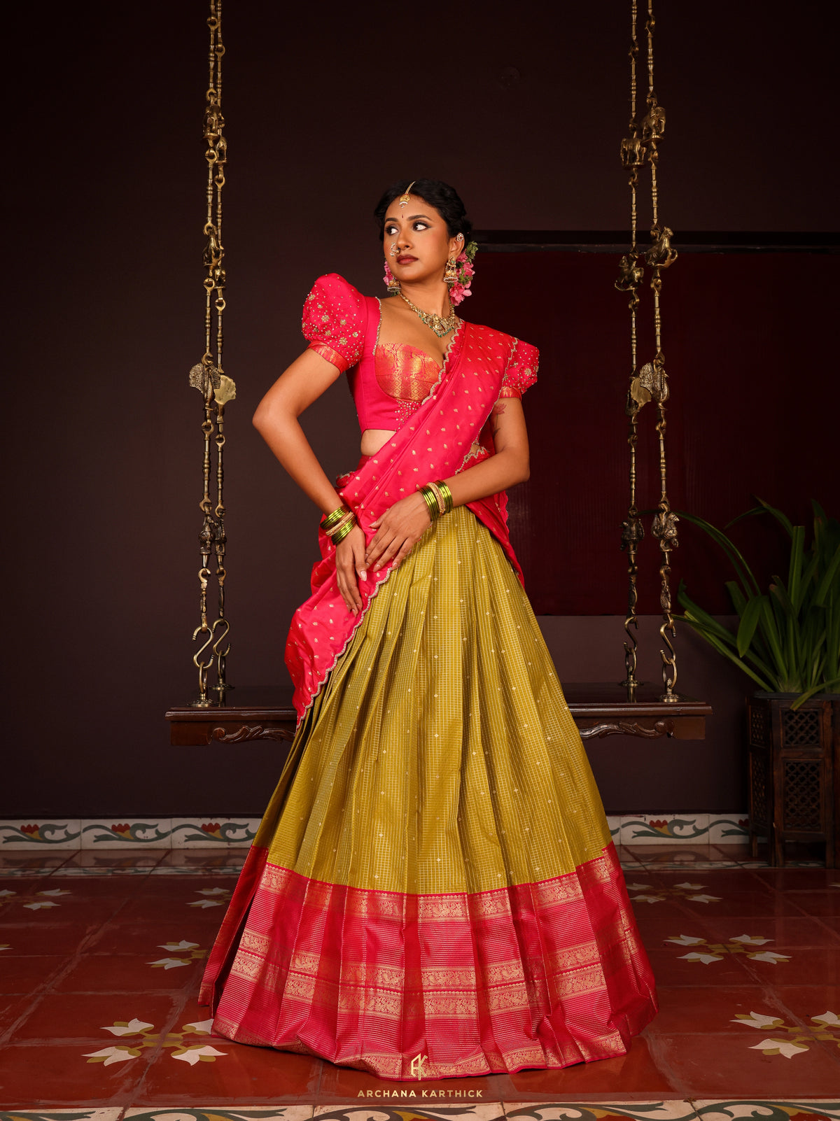 "Kadhambam" - Pink & Green Silk Half Saree