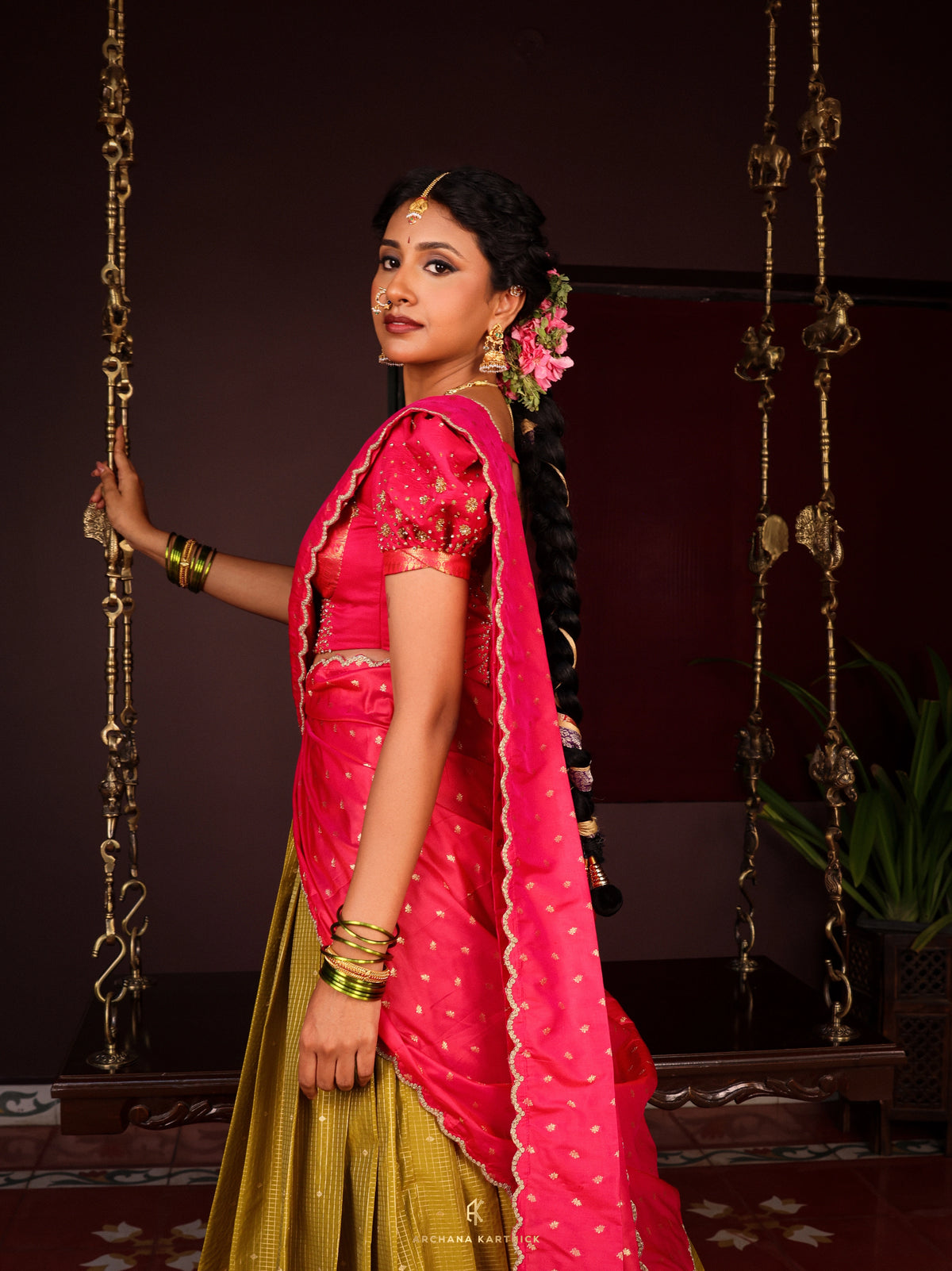 "Kadhambam" - Pink & Green Silk Half Saree