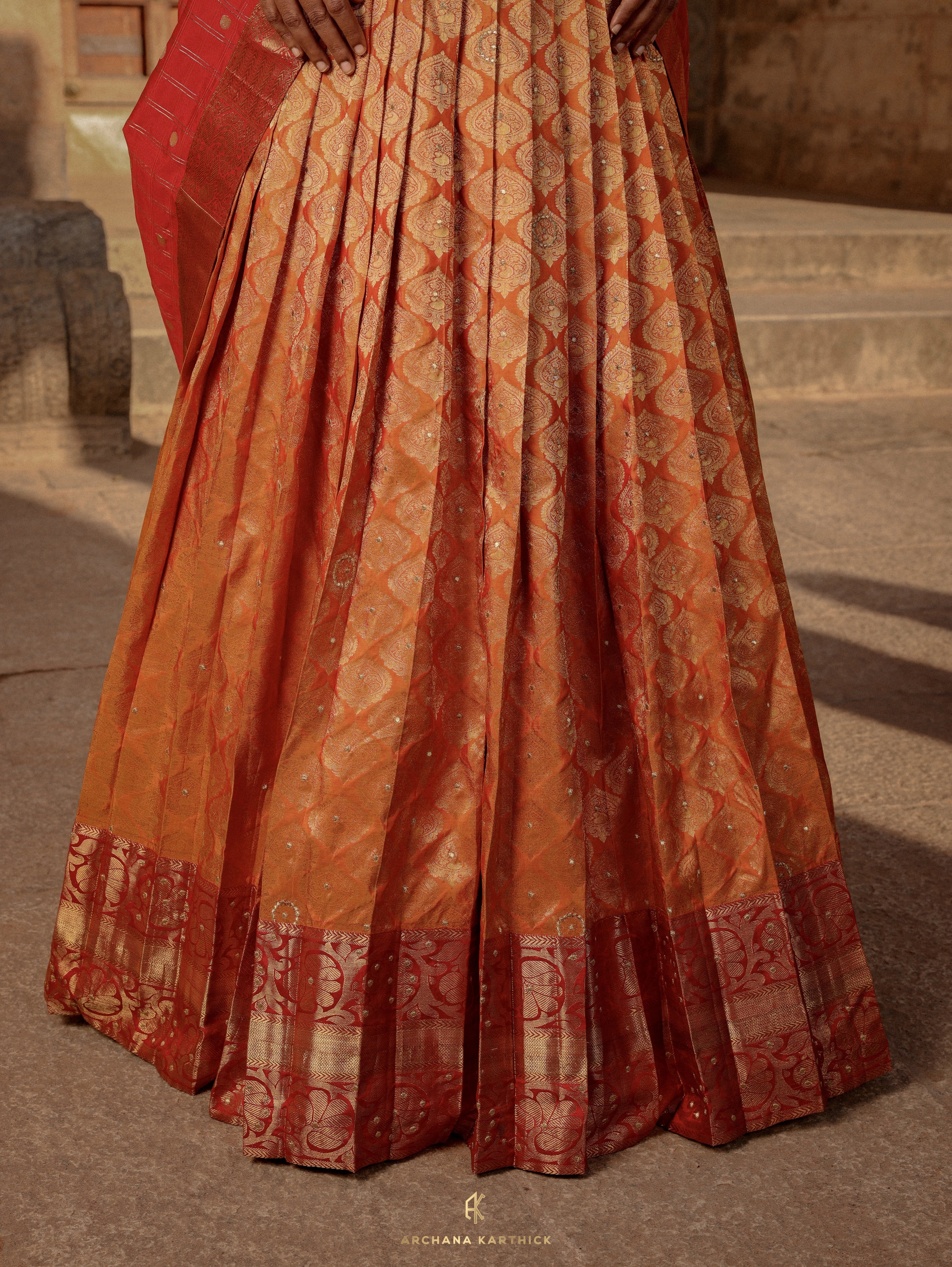 "Sembiyan Mahadevi" - Red, Mustard & Gold Kanjeevaram Silk Half Saree