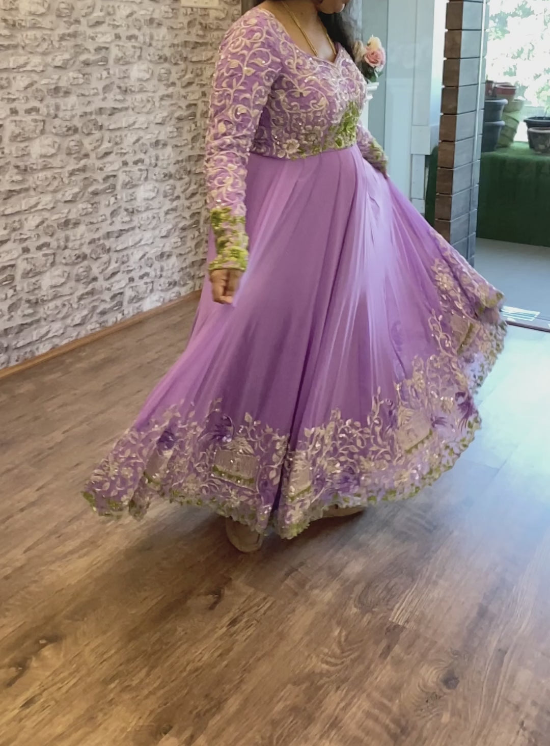 Archana Ajay Kumar twirling in a lavender anarkali, intricately handcrafted with cutdana, sequins and zardozi by team Archana Karthick.