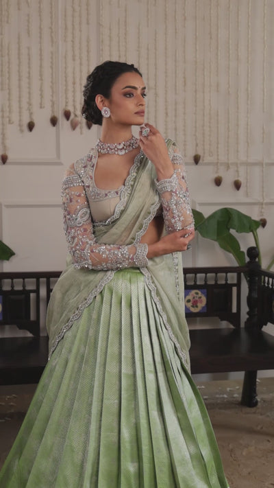 Model Sanskriti Mishra in pastel green kanjeevaram silk half saree music video and vummidi bangaru jewellery