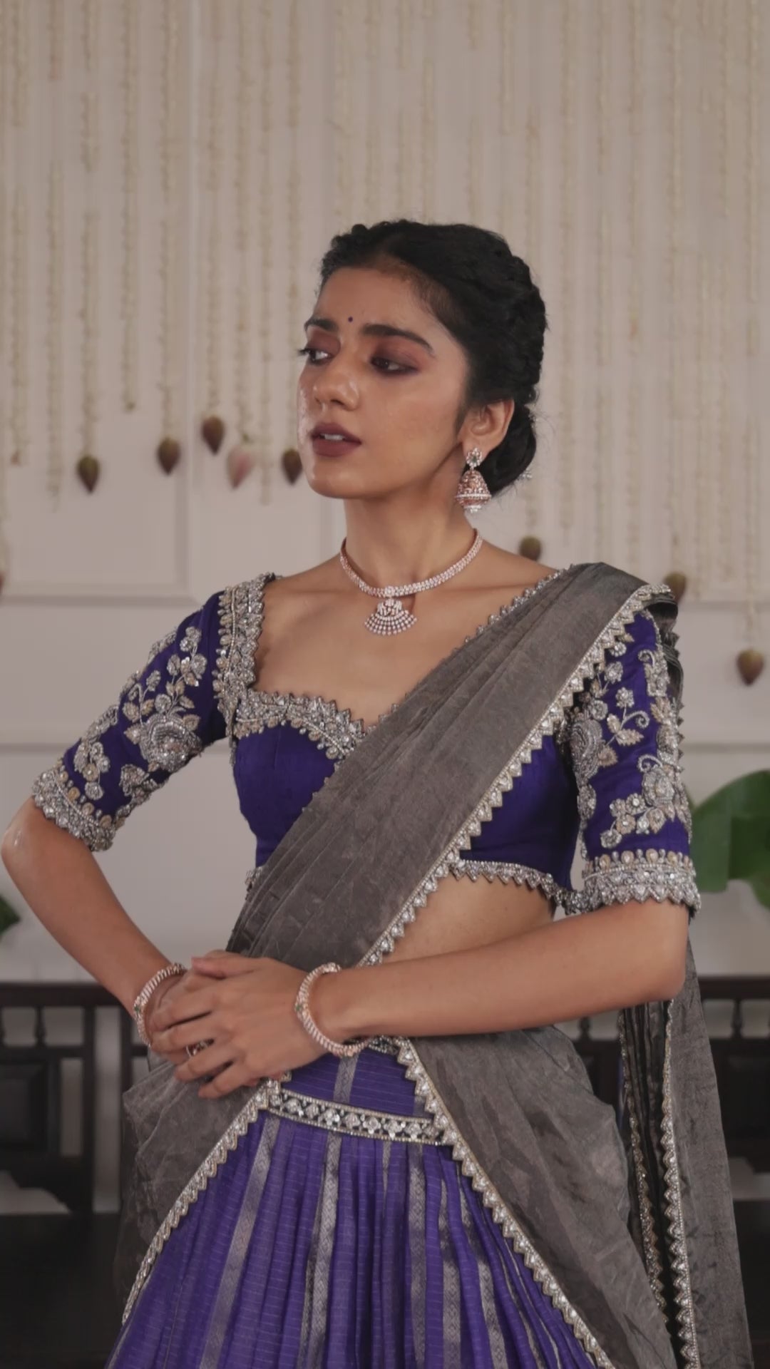 Model Himanshi in a blue and silver kota silk half saree music video with vummidi bangaru jewellery set